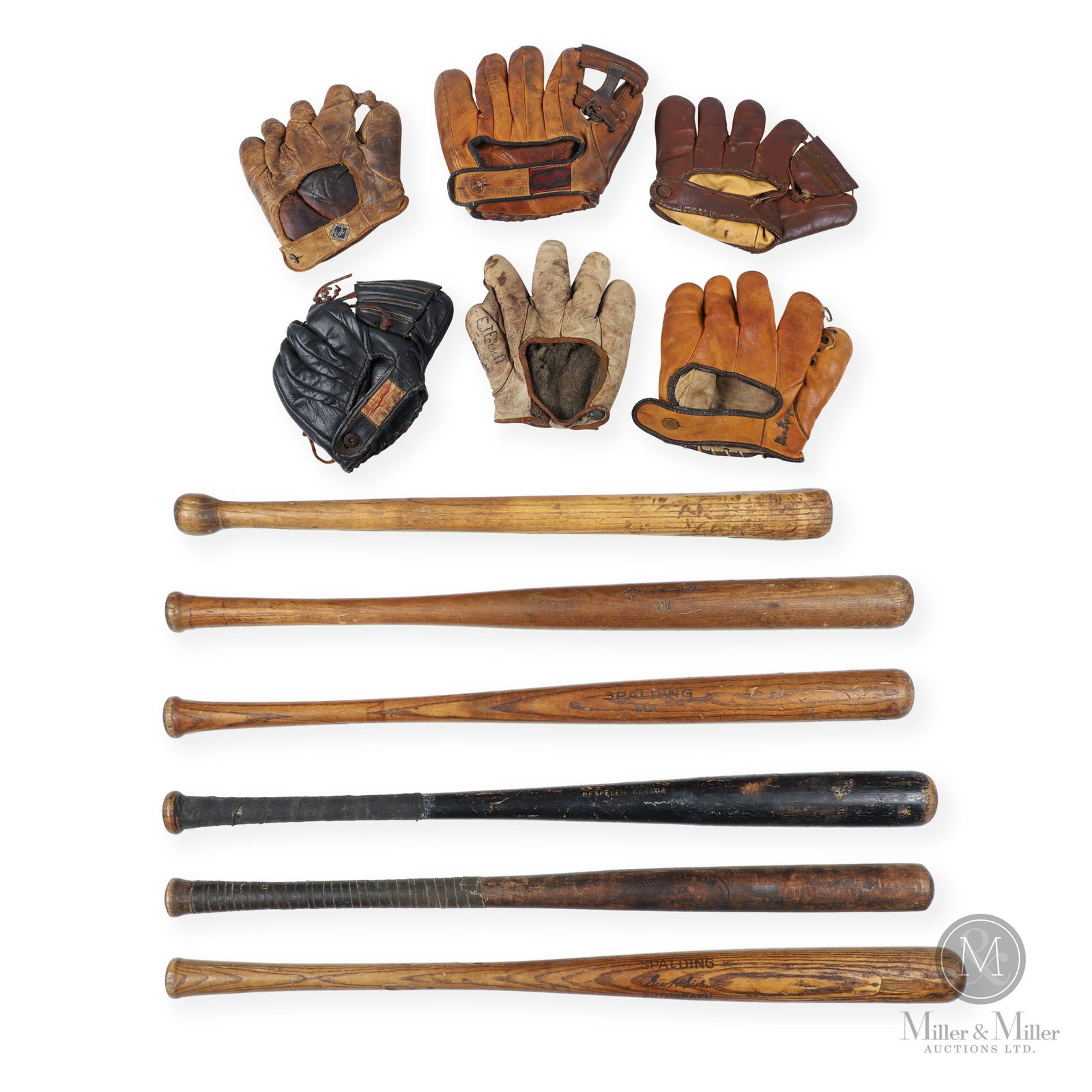 Early Baseball Mitts and Bats (12): Included in this group are six early baseball gloves and six early baseball bats. Gloves include: Wilson Bill Tuttle Model, Rawlings G490 Professional Model, T400 Stanley Hack (pen marked Dick