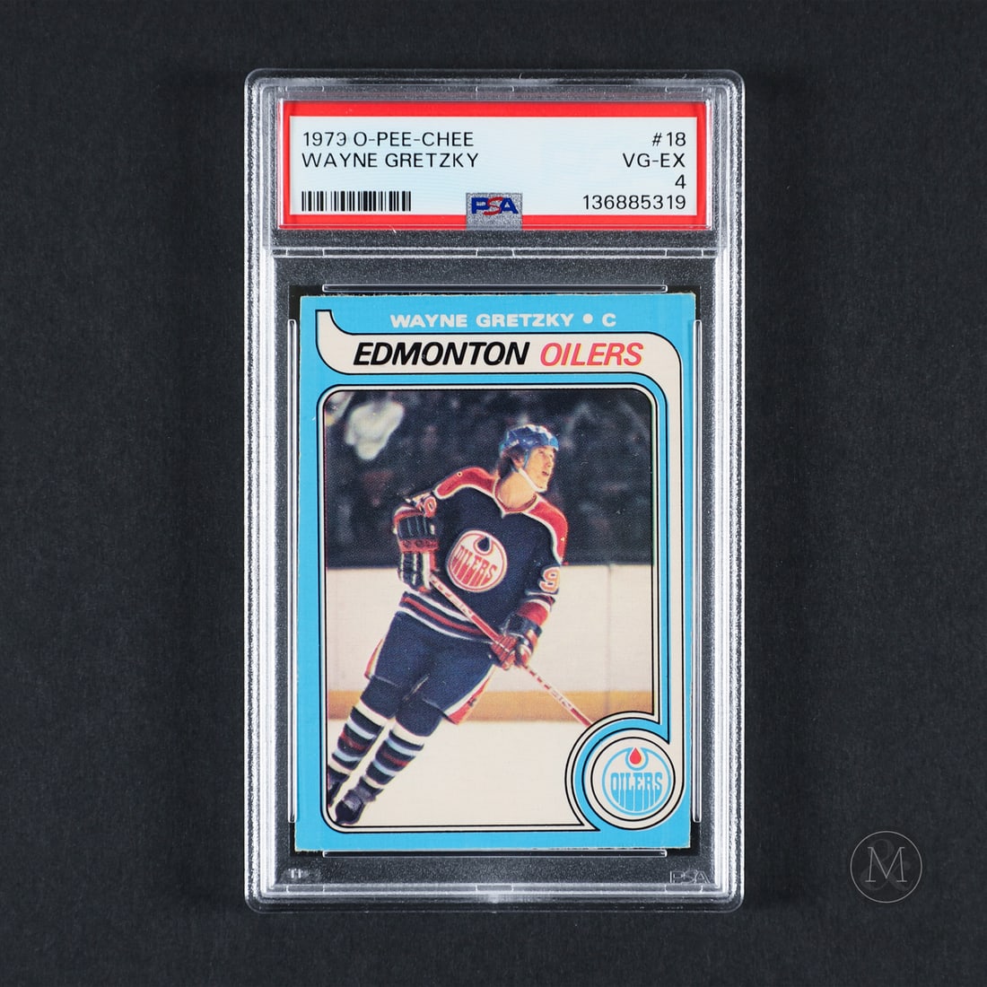 1979-1980 O-Pee-Chee #18 Wayne Gretzky (PSA 4 VG-EX): An excellent reverse skate line variation, this 1979-1980 O-Pee-Chee Wayne Gretzky Rookie Card is a recently graded example. Gretzky's rookie is one of the most iconic and highly sought-after cards in