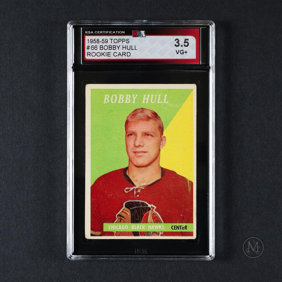 1958-1959 Topps #66 Bobby Hull (KSA 3.5 VG+): Offered here is Bobby Hull's 1958-1959 Topps rookie card, recently graded by KSA. Bobby Hull, known as the "Golden Jet," is one of the most electrifying players in hockey history, famous for his blist