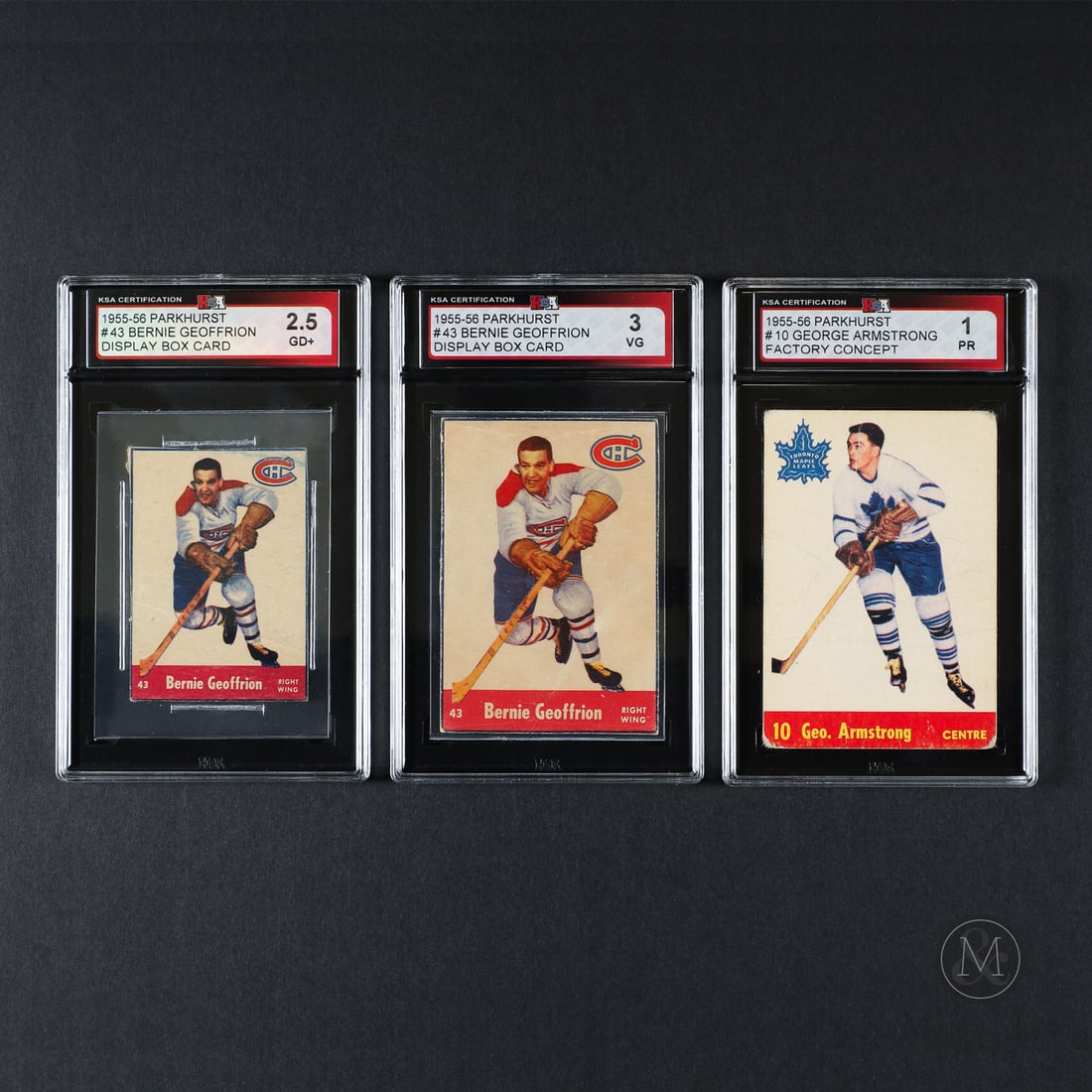 Pair of 1955 Parkhurst Geoffrion Box Cutouts and George Armstrong Factory Sample: The trio of 1955 cards offered here is a unique and seldom-seen example. The pair of box cut out Geoffrion cards were removed from a 1955 Quaker cereal box as outside advertisements for the Quaker Oat