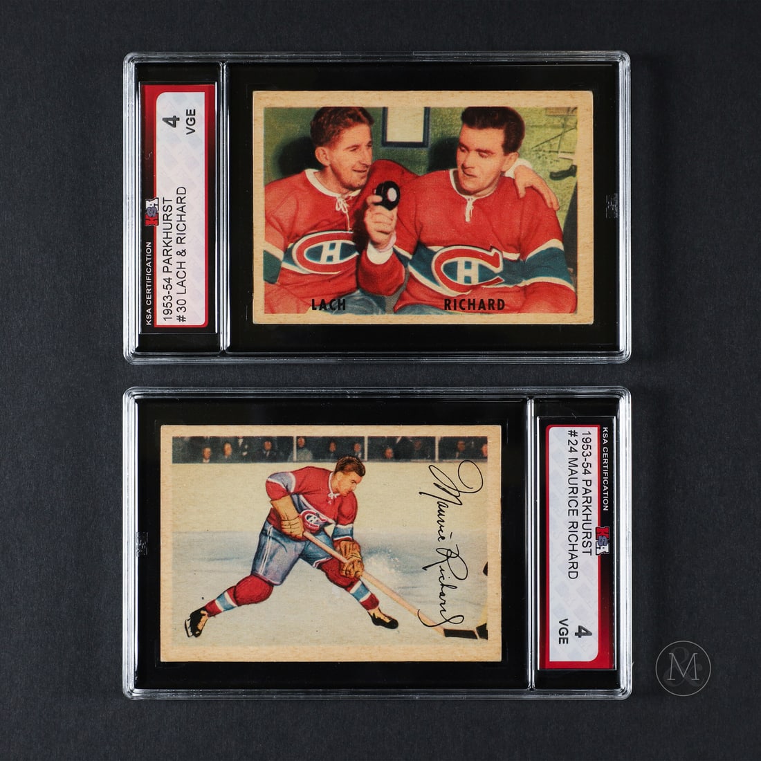 1953-1954 Parkhurst #30 #24 (KSA 4 VG-EX): Offered here are two key cards from the 1953-1954 Parkhurst set, both featuring Maurice Richard. The base card of Richard is #24, while card #30 features both Richard and Elmer Lach. All items are gua