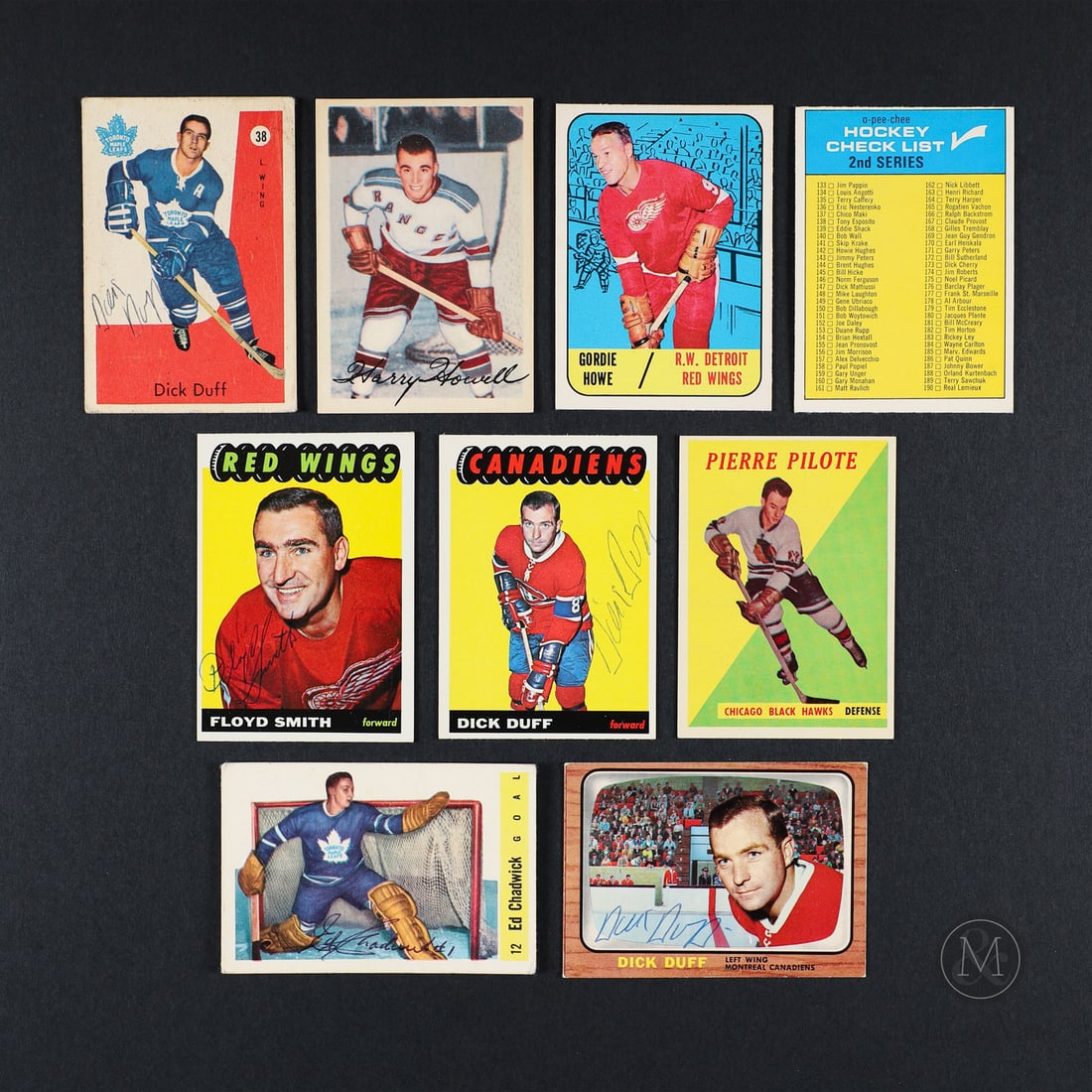 1950s-1960s Hockey Card Group (56): A diverse grouping is offered here with Hall of Fame talent and key rookies from across sets dating to the 1950s and 1960s. The group includes 5 signed cards, including three by Dick Duff, one by Ed