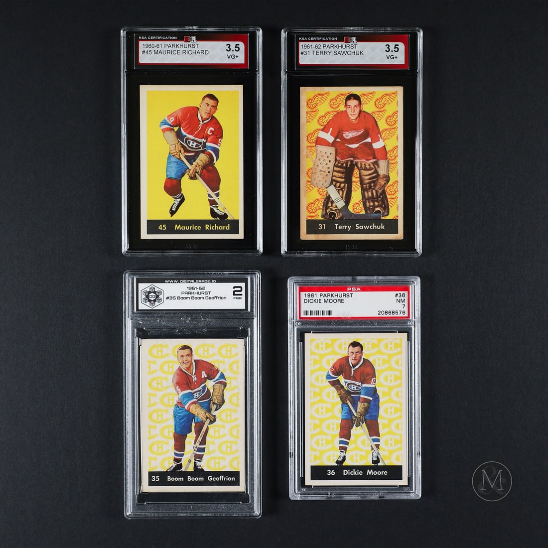 1961 Parkhurst Hall of Fame Group (4): The group of four 1961 Parkhurst graded cards offered here includes cards #31 Terry Sawchuk, #35 Boom Boom Geoffrion, and #45 Maurice Richard. All items are guaranteed authentic by Miller & Miller Auc