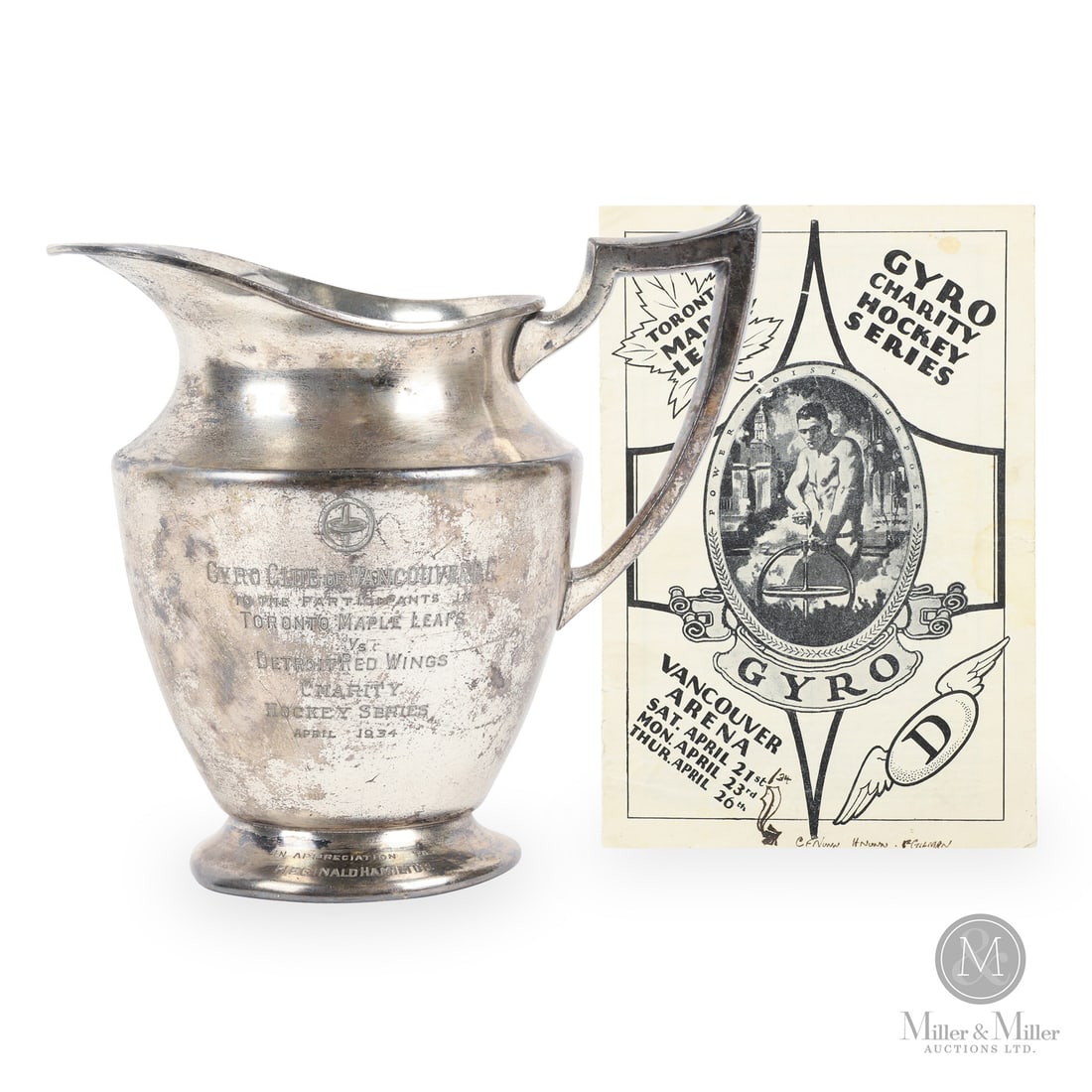 1934 Gyro Cup Presented to Reginald Hamilton w/ Program: The Trophy offered here was presented to Reginald Hamilton of the 1934 Toronto Maple Leafs for participating in the charity hockey series titled the Gyro Cup. The Charity game was played in April of 1