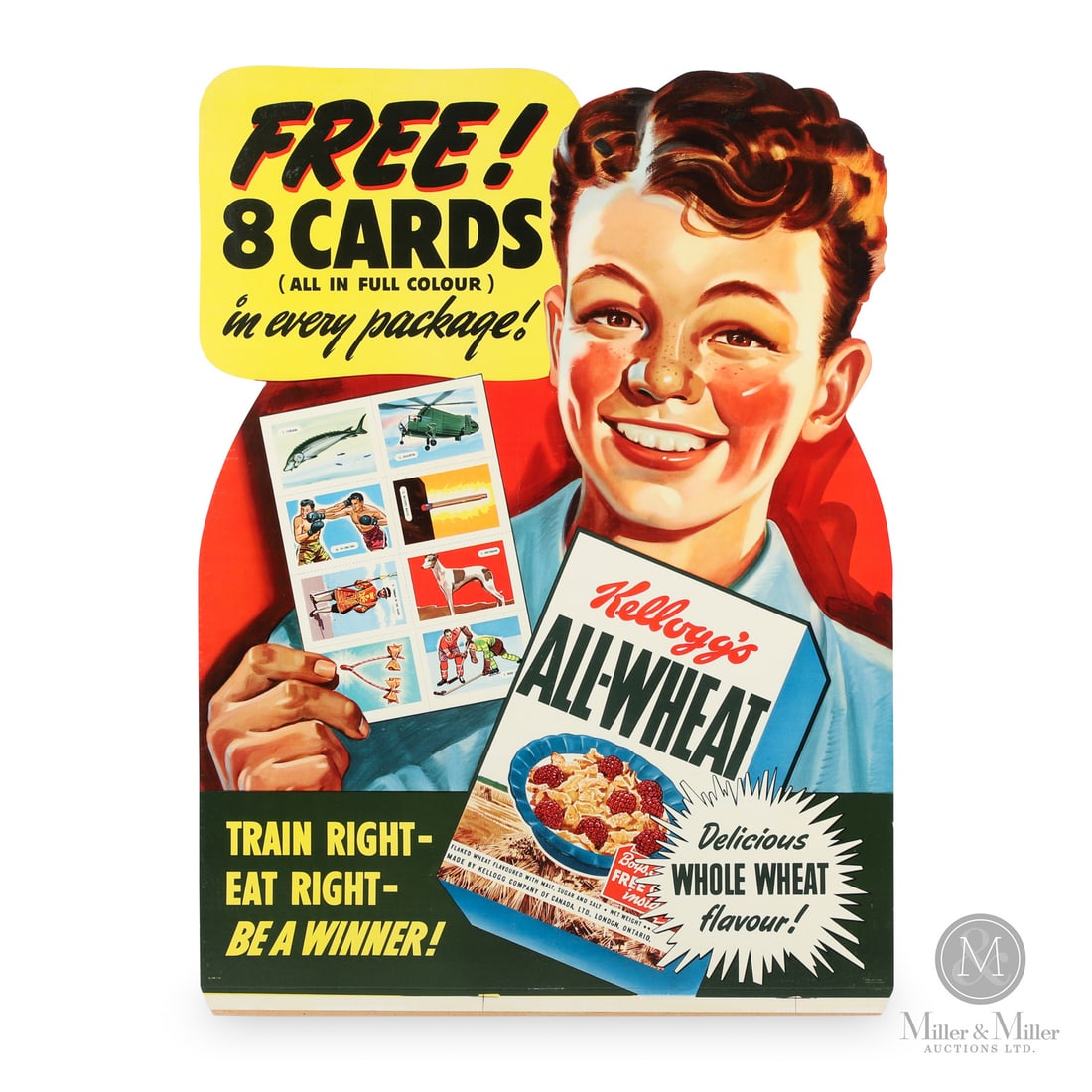 1946 Kellogg's Easel Back Card Promotional Sign: From 1945 to 1947, Kellogg's included a perforated card sheet inside their Kellogg's All-Wheat cereal brand. The sheets included cards from sets like sport tips, dogs, great deeds in Canada,