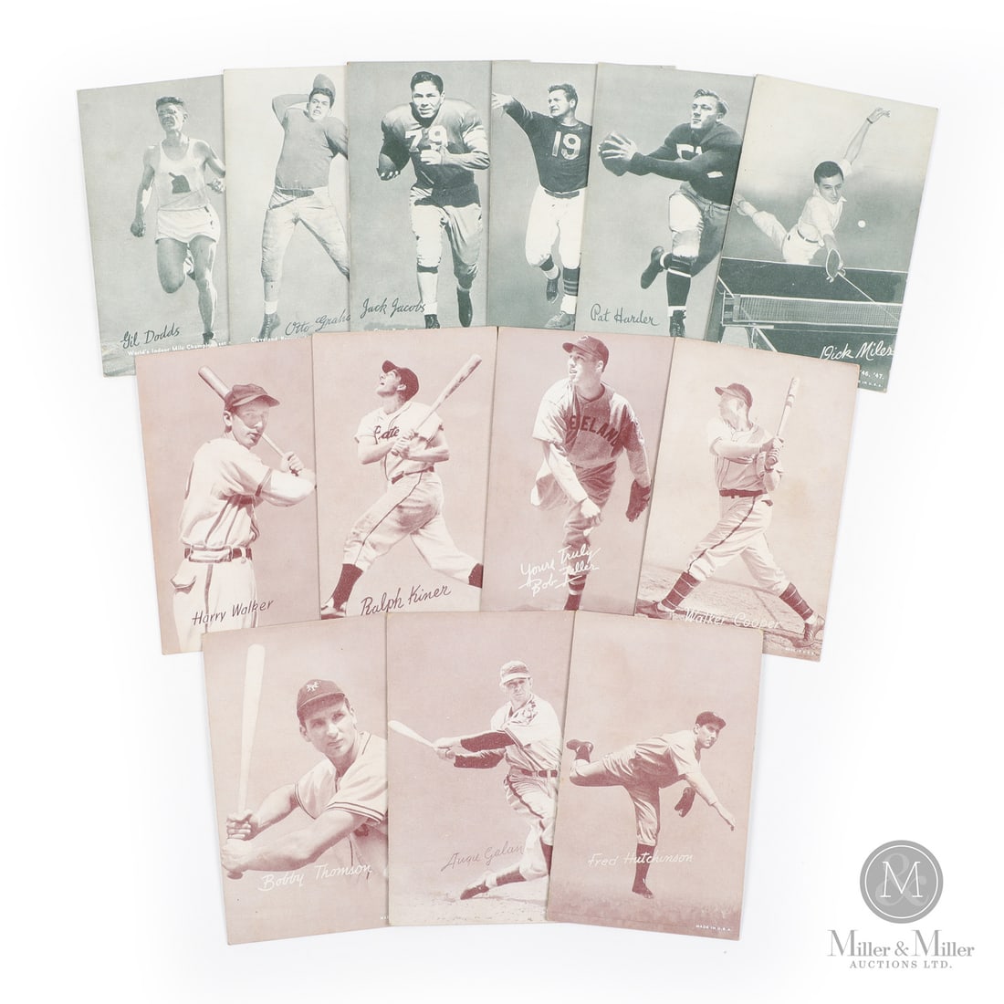 1947-1966 Exhibits Grouping (13): Offered here are 13 exhibit cards spanning multiple sports and featuring a unique group of names from the mid-20th century. The group features Hall of Fame quarterbacks Ott Graham and Sid Luckman, as
