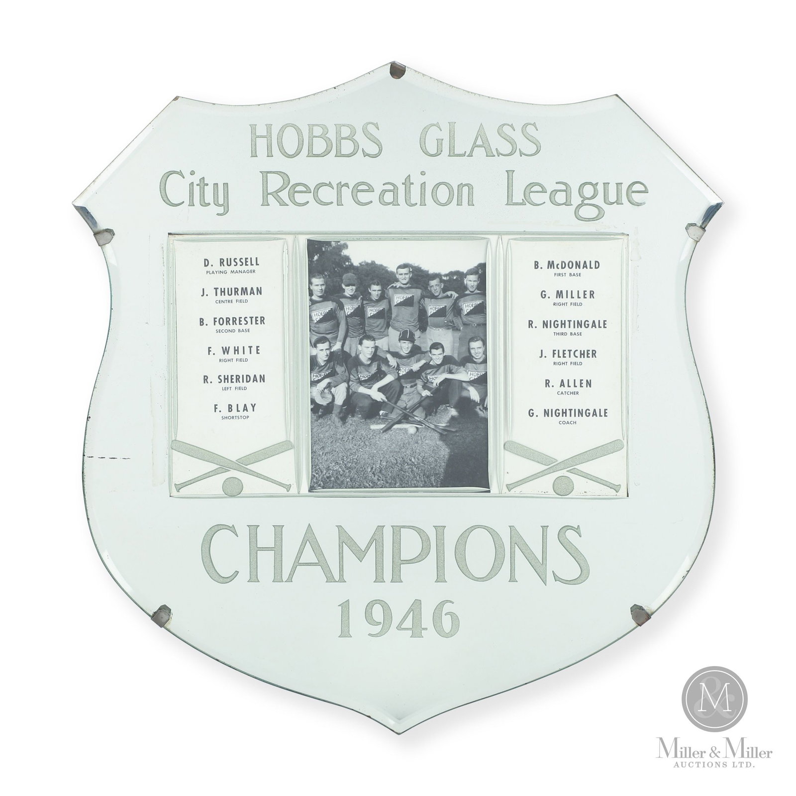 1946 Hobbs Glass Baseball Advertisement: 1946 Baseball championship advertisement for Hobbs Glass. All items are guaranteed authentic by Miller & Miller Auctions. Size 18" x 17" x 0.5". Condition Superb with no chips.