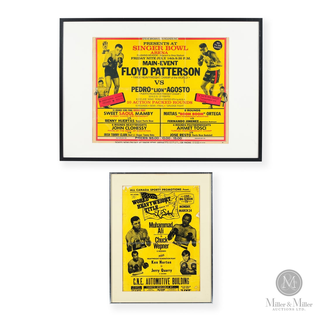 Ali and Patterson Boxing Posters: Offered here is a pair of boxing posters featuring a pair of the biggest names in boxing history, Muhammad Ali and Floyd Patterson. The smaller of the two posters is promoting the 1975 title bout