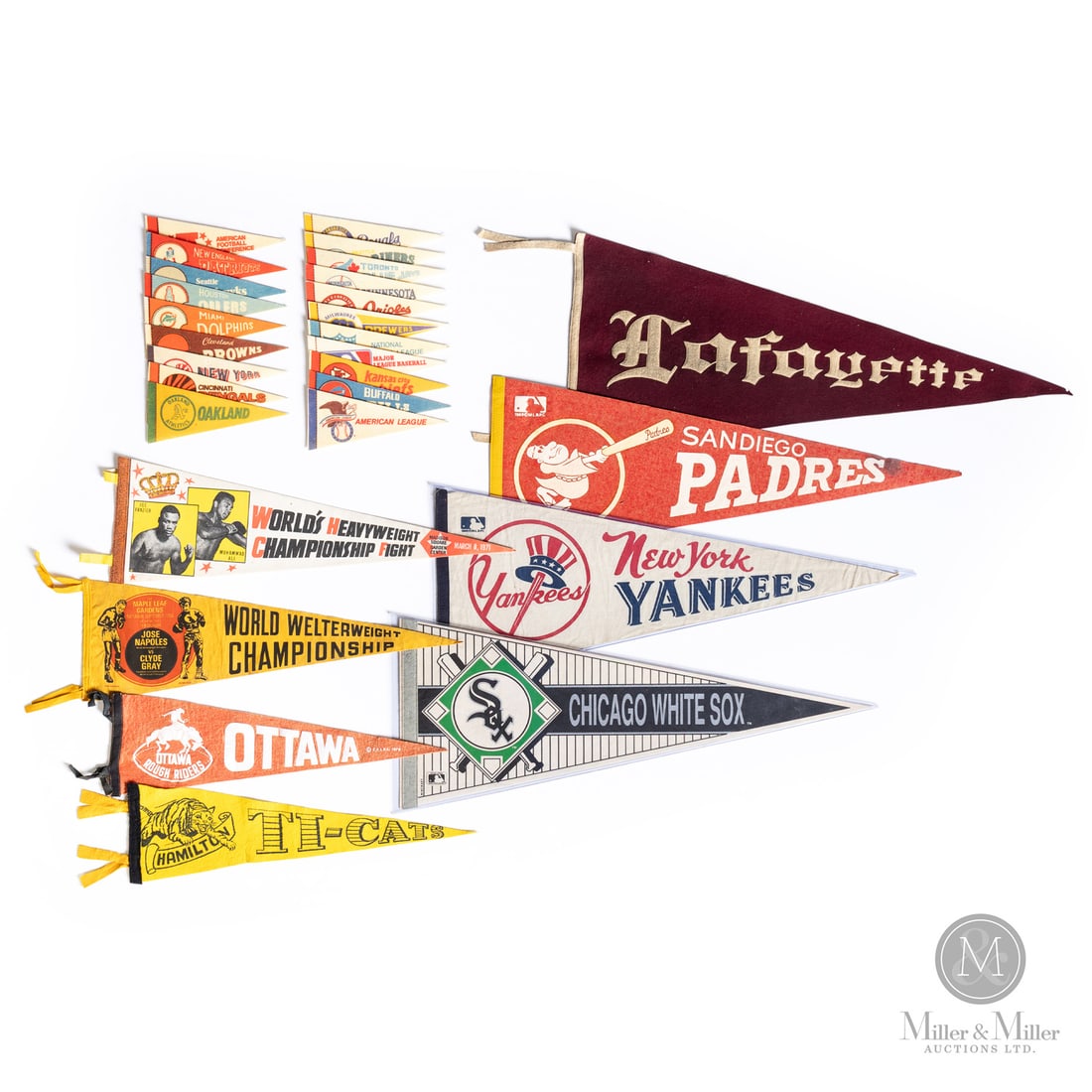 Pennants Including "Fight of the Century" (28): The group offered here includes a unique mix of pennants across multiple sports. 20 mini pennants across NFL and MLB teams, a 1970 Ottawa Roughriders, Hamilton Tiger Cats pennant, a March 8, 1971