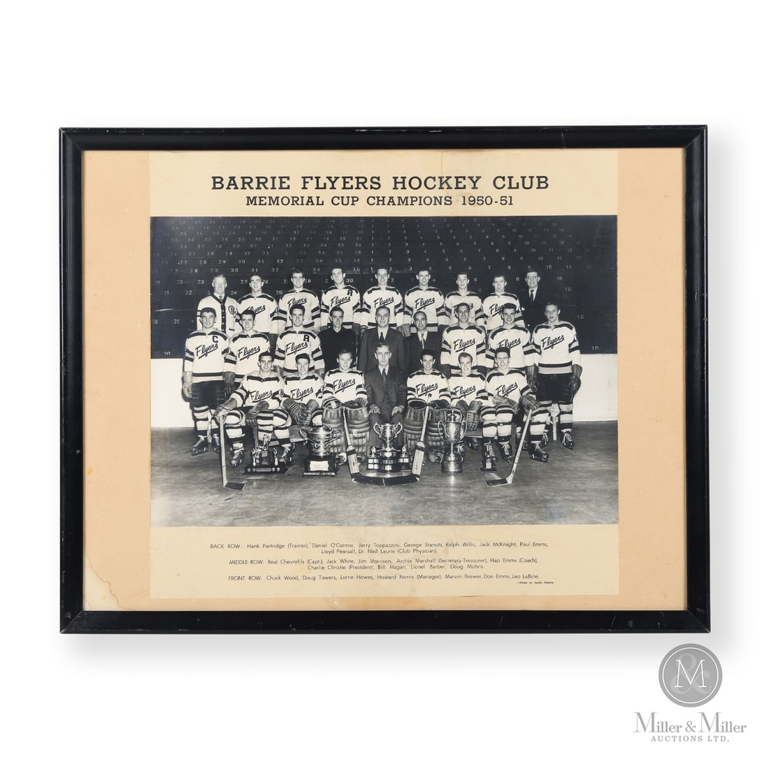 1950-1951 Barrie Flyers Memorial Cup Champions Framed Picture: Hung in the Barrie arena for many years, this 1950-1951 team photo celebrates the Memorial Cup-winning Barrie Flyers. Featuring many future NHLers like Real Chevrefils, Doug Mohns, and Leo Labine,