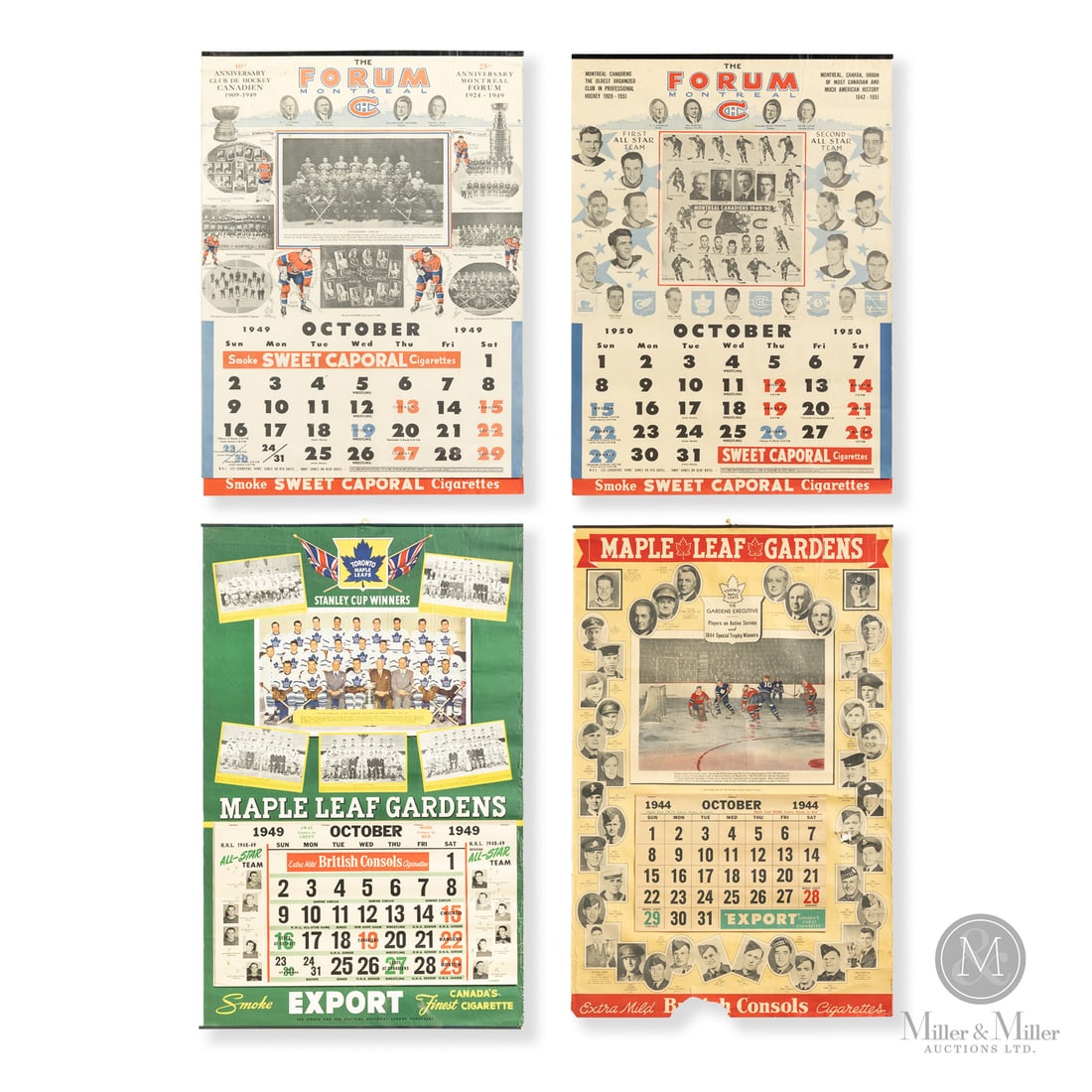 1944-1950 Forum and Gardens Hockey Calendars (4): Offered here are four NHL hockey calendars, two featuring the Toronto Maple Leafs at Maple Leaf Gardens and two featuring the Montreal Canadiens at the Montreal Forum. The 1944 Maple Leaf Gardens