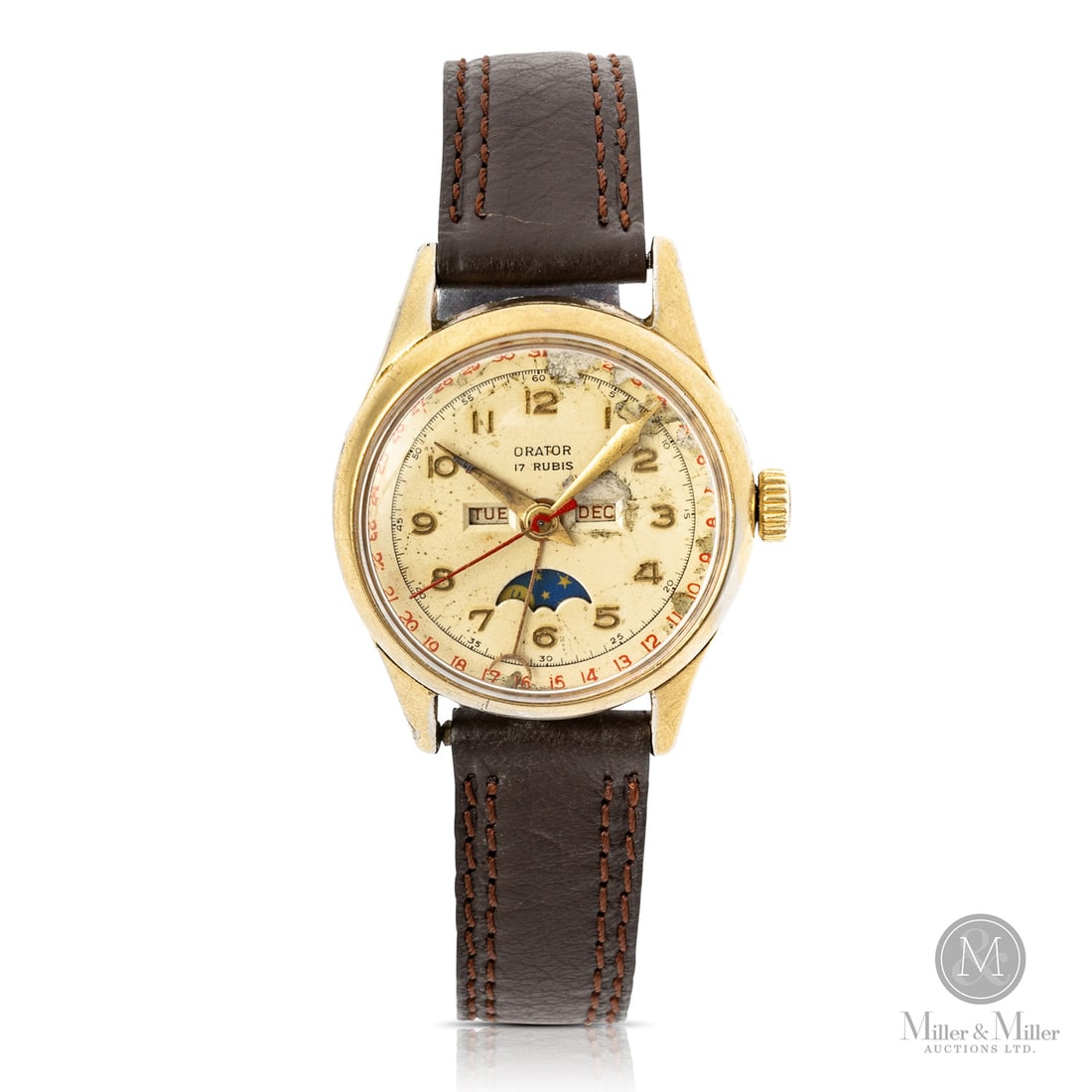 Orator, Triple Calendar Moonphase: Swiss. Gold-filled with steel caseback. This Orator Triple Calendar is a rare and functional "boys size" timepiece, measuring a compact 29mm. The watch features a complex array of complications includ