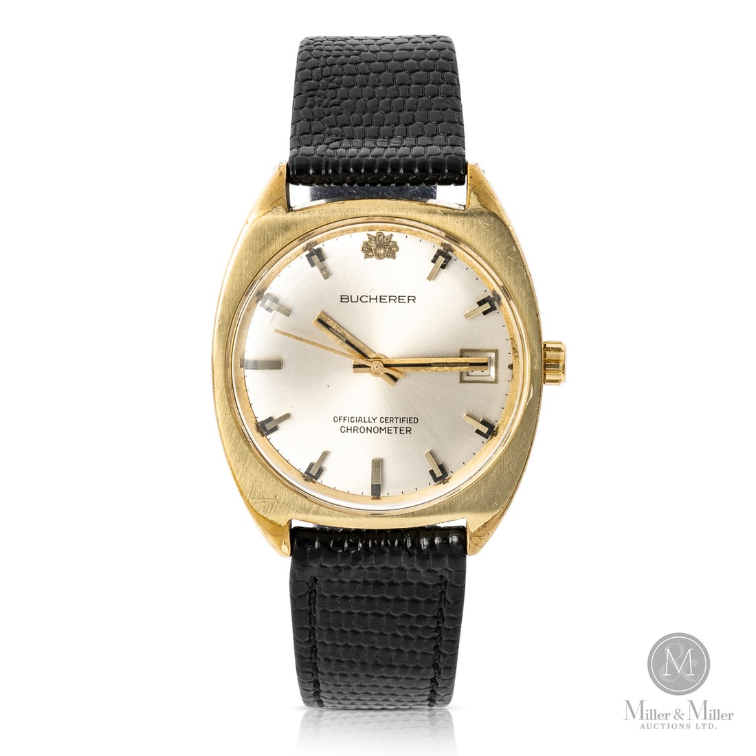Bucherer, Certified Chronometer: Swiss. Gold-filled with steel caseback. This vintage Bucherer Officially Certified Chronometer is a stellar example of high-precision Swiss watchmaking from the late 1960s. The "C-shape" cushion case