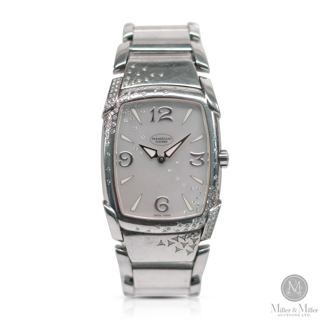 Parmigiani Fleurier, Diamond Set: Swiss. Stainless steel. This Parmigiani Fleurier features a signature tonneau-shaped curved case in polished stainless steel, designed to contour elegantly to the wrist. The refined silver dial is cen