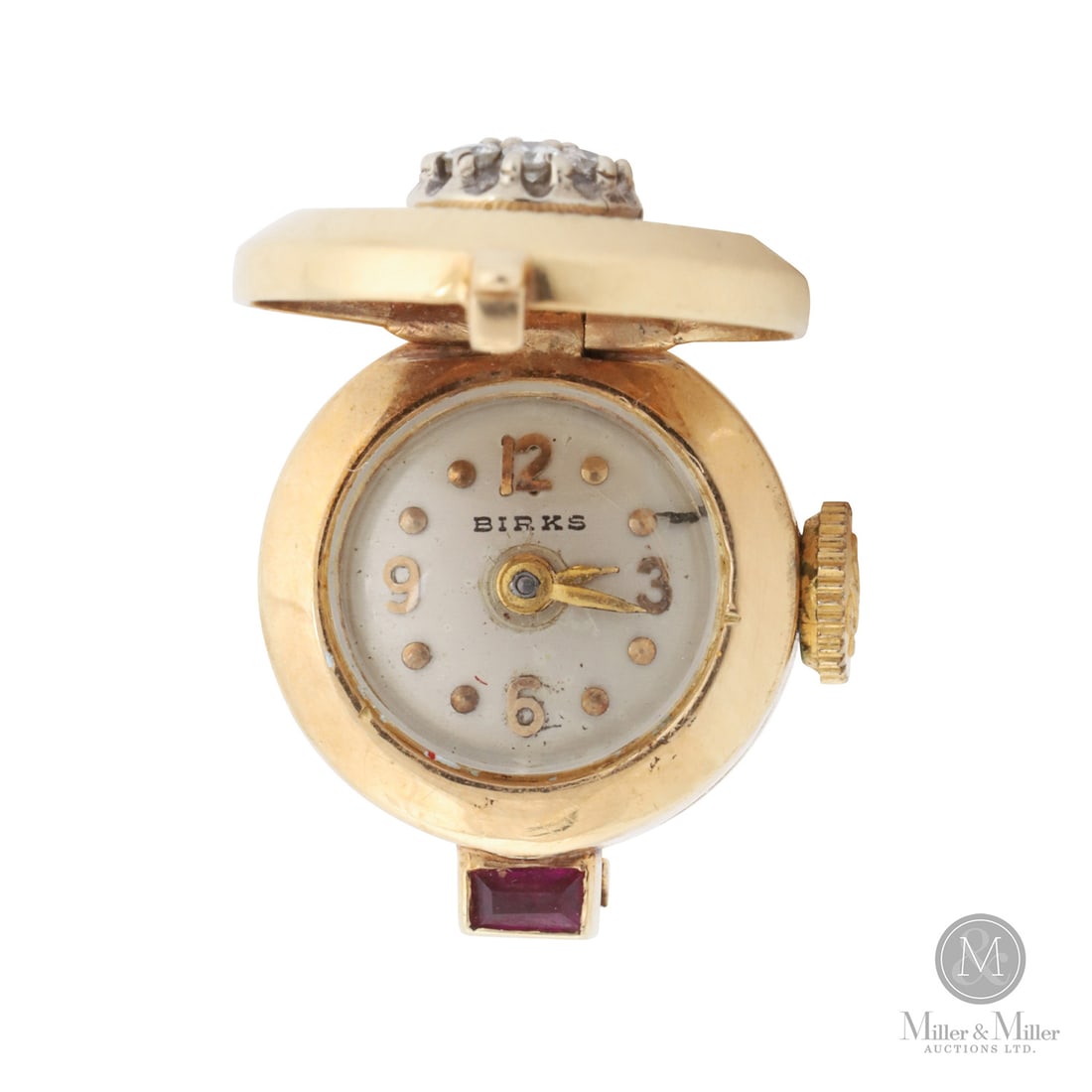 Birks, 14K Diamond "Surprise" Ring Watch: Swiss. 14K yellow gold. This rare "surprise" watch ring from Henry Birks & Sons is a example of mid-century high-society jewelry. Crafted in solid 14k yellow gold, the piece features a sophisticated h