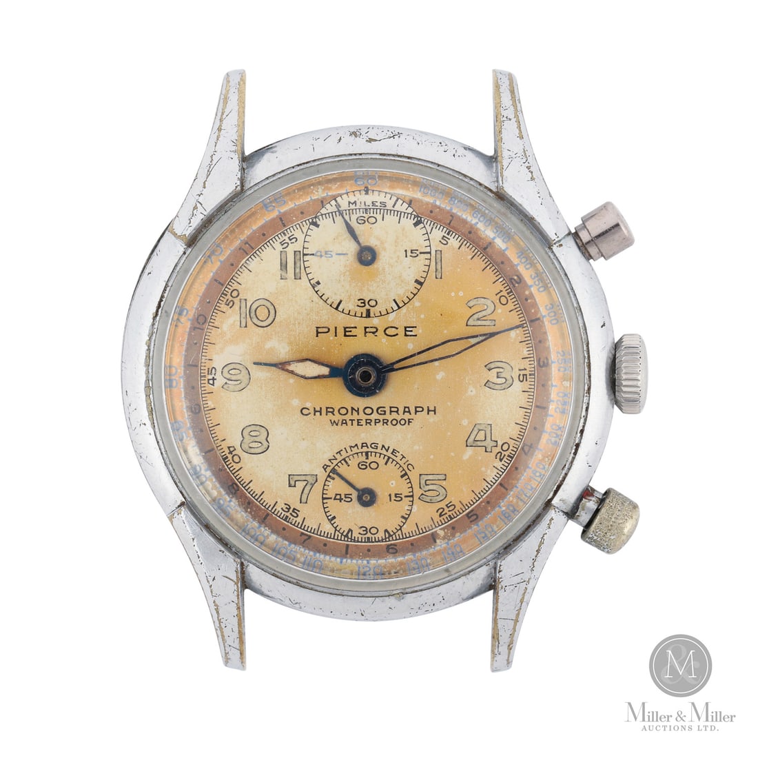 Pierce, WWII Era Waterproof Chronograph: Swiss. Stainless steel. This Pierce Chronograph is an example of Swiss technical innovation from the 1938–1945 era, famously utilized as a pilot's watch by several Allied air forces during World War