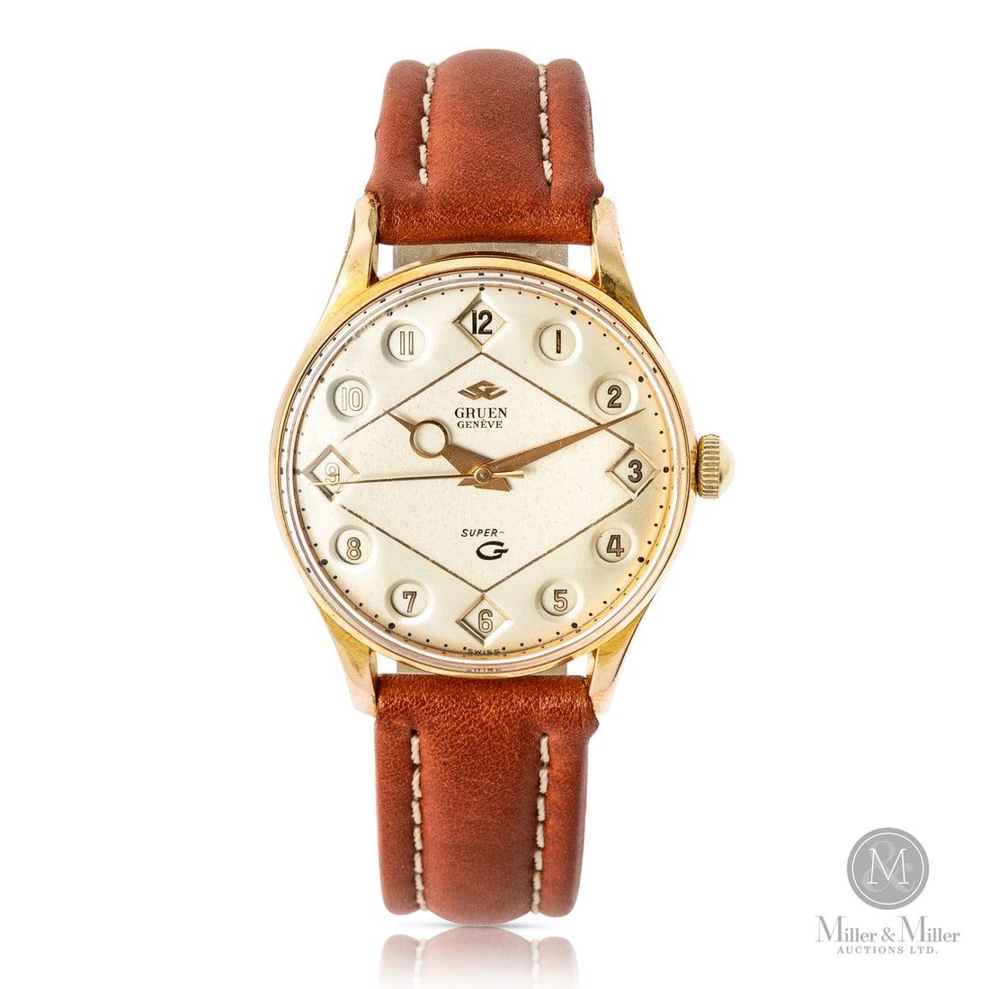 Gruen, "Jumping Hours" Super G Airflight: Swiss. Gold-plated with stainless steel caseback. This rare Gruen Jumping Hours Super G Airflight is a landmark of mid-century aviation design, featuring a unique jumping hour complication housed in a