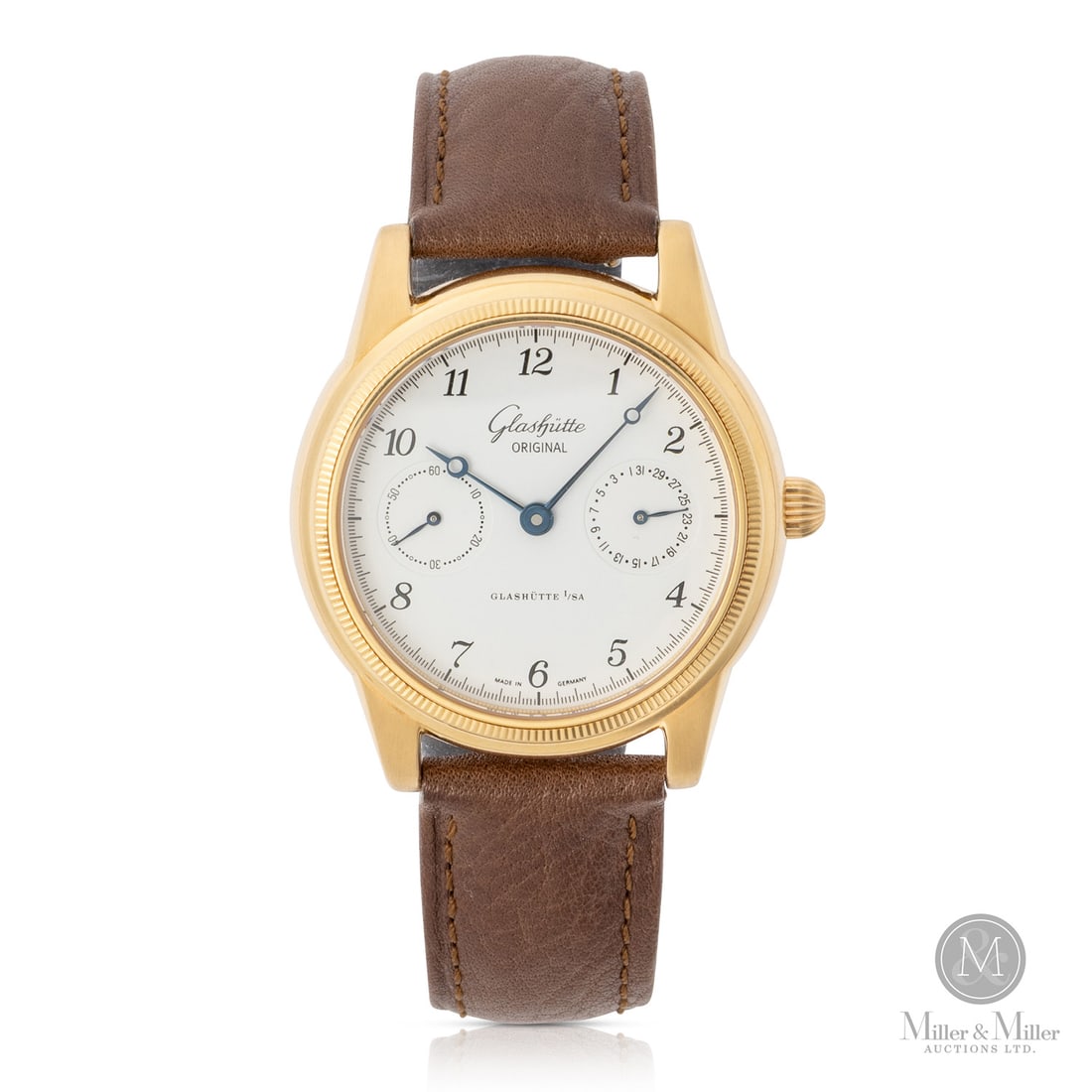 Glashütte, 1845 Classic Pointer Date: German. 18K yellow gold. This Glashütte Original 1845 Klassik is a superb example of German high-horology, blending traditional aesthetic cues with technical mastery. Encased in an 18k rose gold case