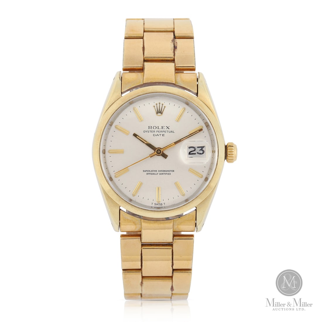 Rolex, Ref. 1550 Oyster Perpetual Date: Swiss. Gold-plated. This Rolex Oyster Perpetual Date is showcases the brand's mid-century luxury aesthetic. The gold-plated case is paired with a stainless steel back and a matching gold-plated Oyster