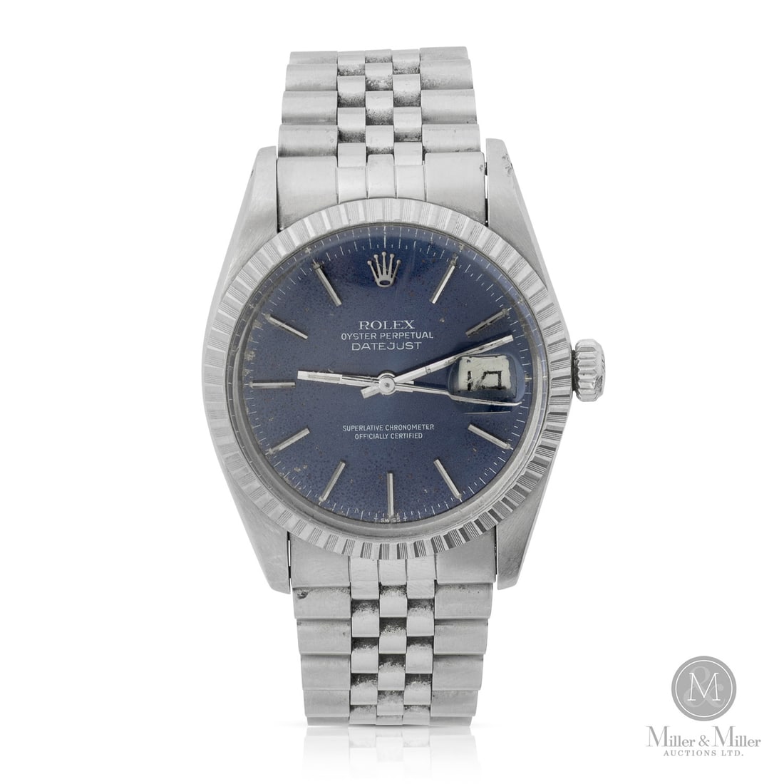 Rolex, Ref. 16030 Datejust: Swiss. Stainless steel. This Rolex Datejust (Ref. 16030) features the distinct stainless steel fluted bezel with a blue dial. This specific timepiece has remained in one family since it was purchased