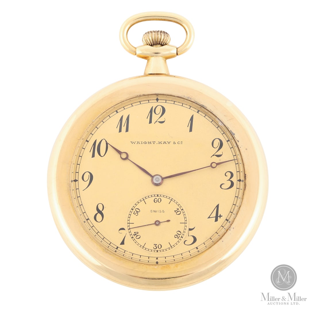 Agassiz Watch Co. for Wright, Kay & Co., Detroit 18K: Swiss. 18K yellow gold. This 18k yellow gold pocket watch is a high-grade collaborative piece retailed by the renowned luxury Detroit jeweller Wright, Kay & Co. It is powered by an Agassi movement, a
