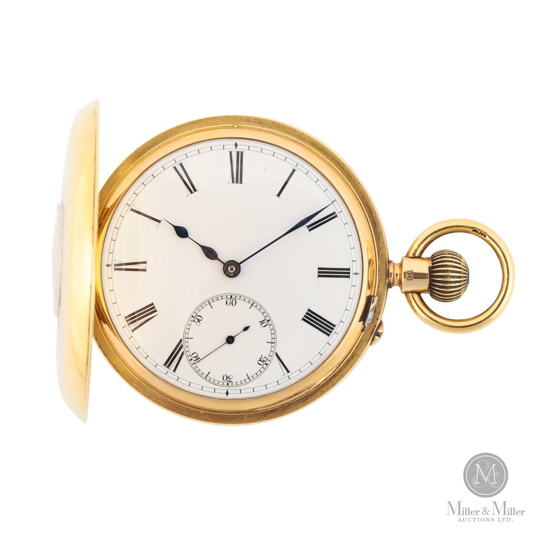 W.C. Hatherly, Portsea 18K Half Hunter: British. 18K yellow gold. This 18k yellow gold Half Hunter is a premier example of British horological craftsmanship from the turn of the century, circa 1890–1910. The outer case features a viewing