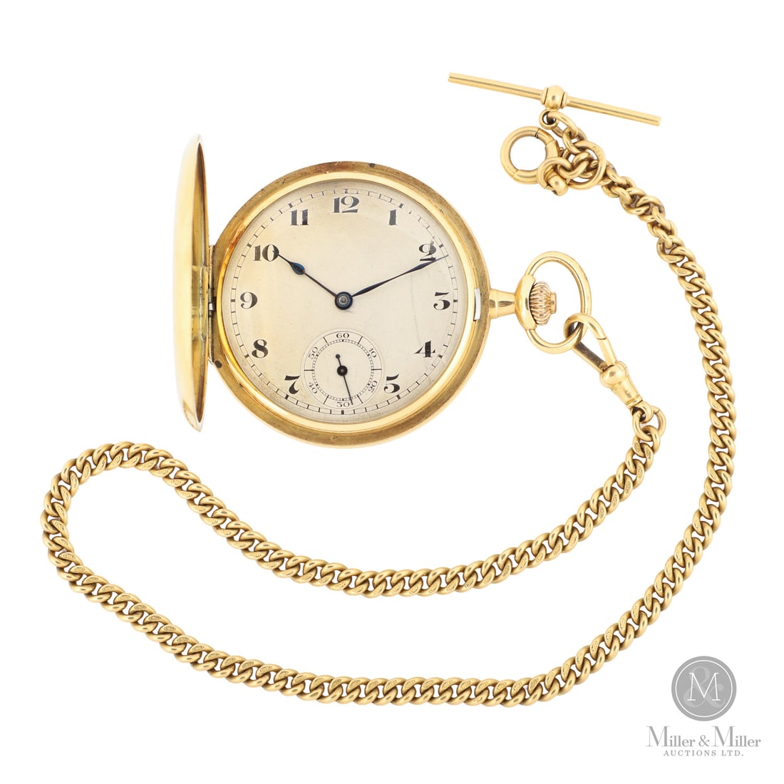 Swiss 18K Half Hunter Pocket Watch with 18K Chain: Swiss. Watch 18K yellow gold. Chain 18K yellow gold. This exquisite 18K yellow gold "One Half Hunter" pocket watch is a classic example of 19th-century Swiss horology, designed with a protective outer