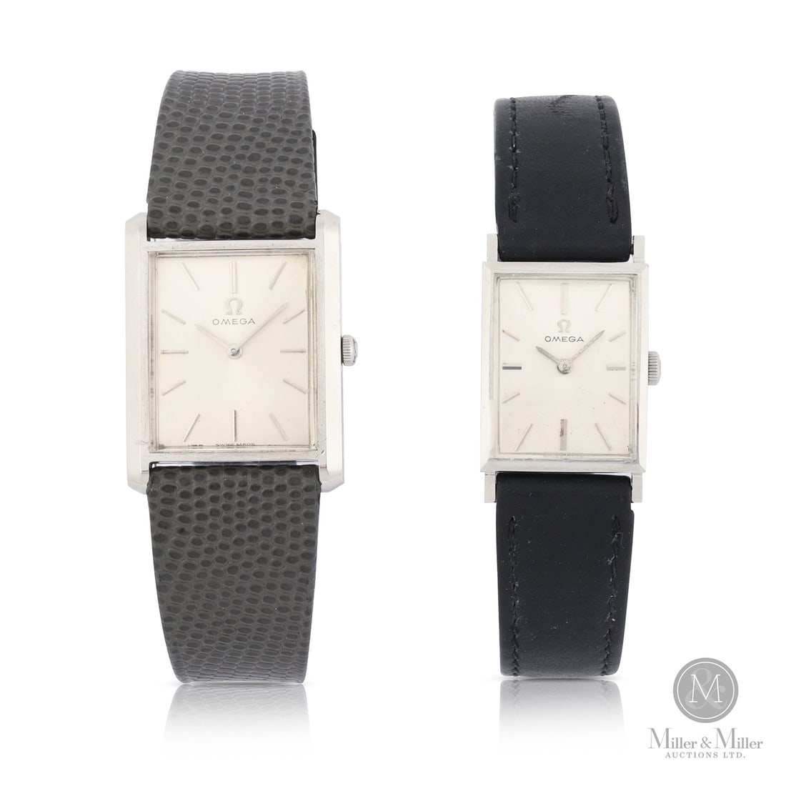 Omega, "His & Hers" Dress Watch Set: Swiss. Stainless steel. This Omega His and Hers dress watch set features two classically designed timepieces, both housed in stainless steel cases with distinctive rectangular profiles. Both watches a