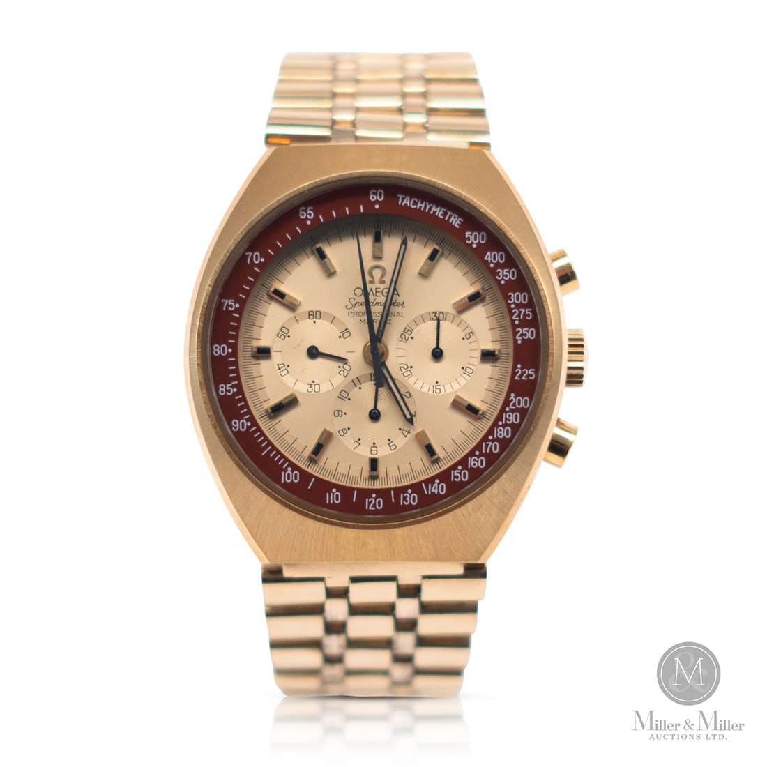 Omega, Ref. 145.034 Speedmaster Mark II: Swiss. Gold-plated. This gold-plated Omega Speedmaster Professional Mark II (Ref. 145.034), dating to approximately 1970, represents a bold departure from the classic Moonwatch design, with its distin