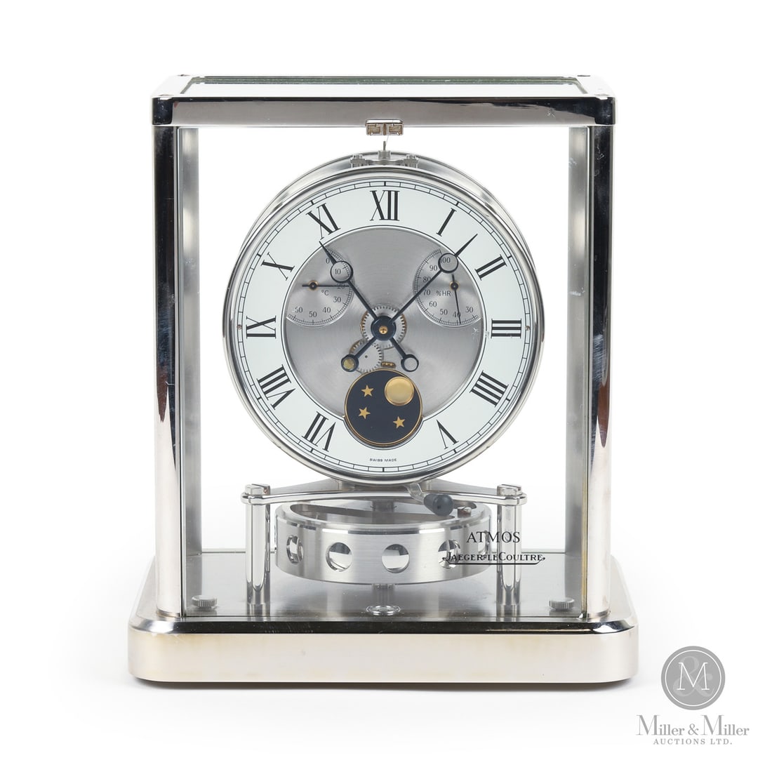 Jaeger-LeCoultre, Ref. 223.107.3 Atmos Moonphase Desk Clock: Swiss. Rhodium-plated. Features Moonphase, thermometer and hygrometer. This Jaeger-LeCoultre Atmos Swiss Lunar Clock is a mechanical marvel that effectively achieves near-perpetual motion by powering