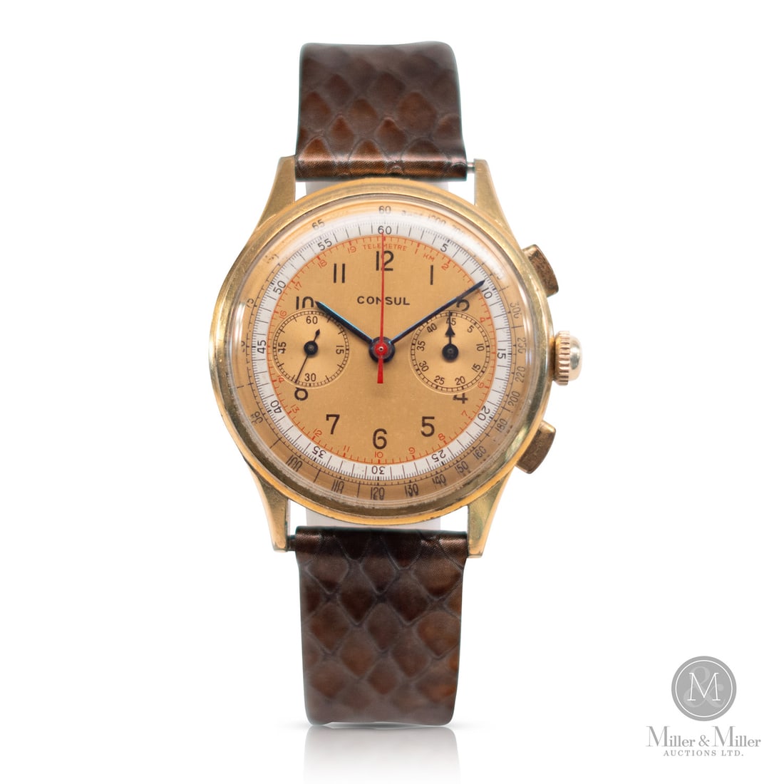 Consul, Two-Register Chronograph: Swiss. Gold-filled with stainless steel caseback. This Consul chronograph is a refined example of mid-century Swiss horology, balancing technical utility with a dressier aesthetic. The case is finishe