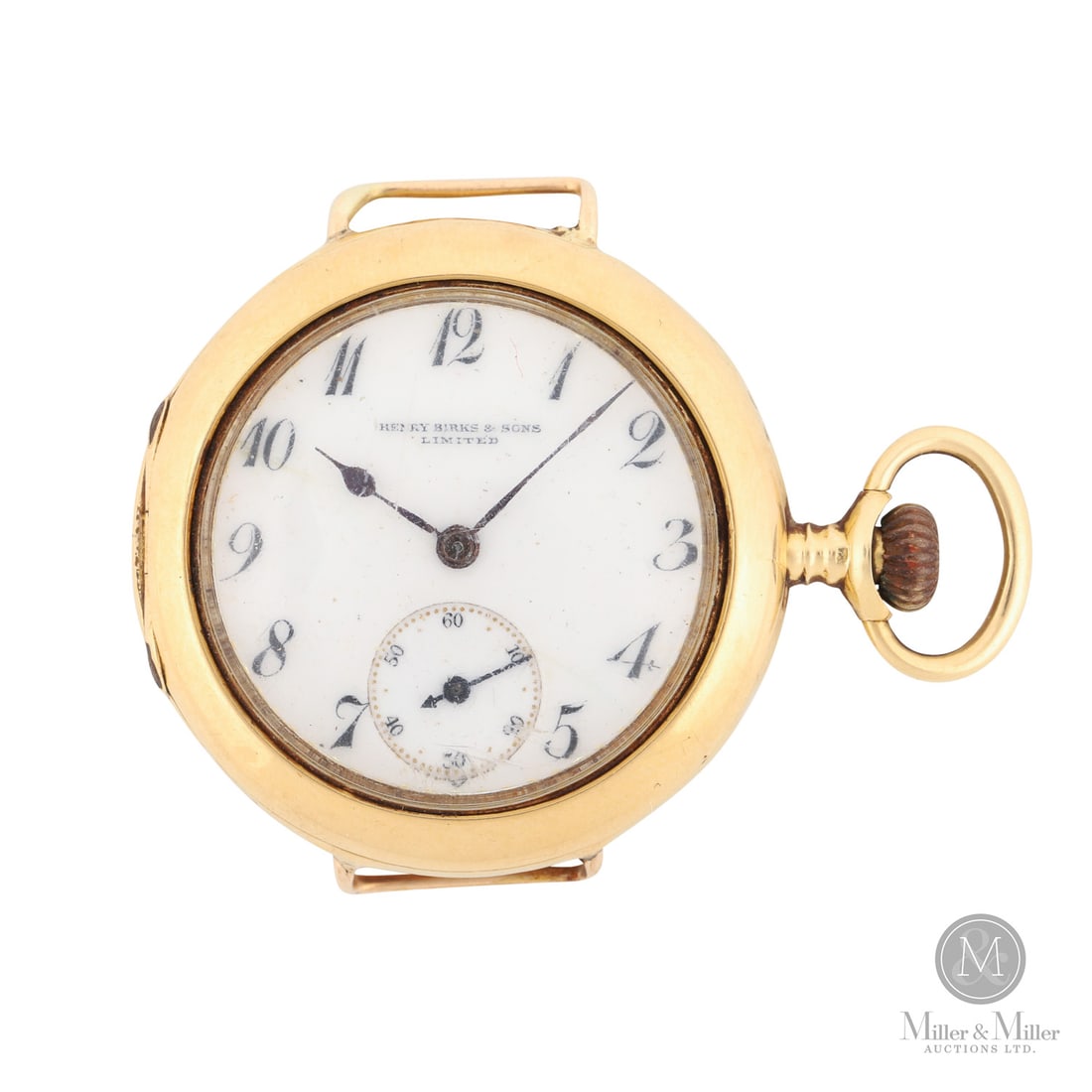 Henry Birks & Sons, 18K Canterbury Pocket Wrist Watch Conversion: Swiss. 18K yellow gold. This open-face pocket watch conversion is a refined piece of Canadian heritage, commissioned by "Henry Birks & Sons Limited." The crisp white dial features elegant numerals and