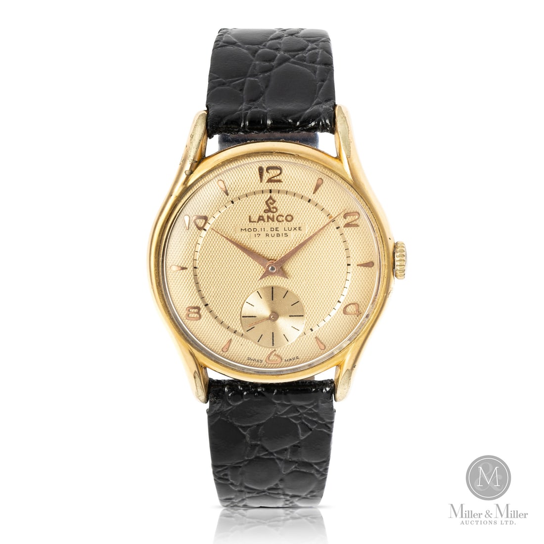 Lanco, Oversize Model 11 De-Luxe: Swiss. Gold-plated with steel caseback. This Lanco (Langendorf Watch Co.) De-Luxe is a stunning survivor of the late 1940s to early 1950s, showcasing the brand's mid-century peak. The oversized gold f
