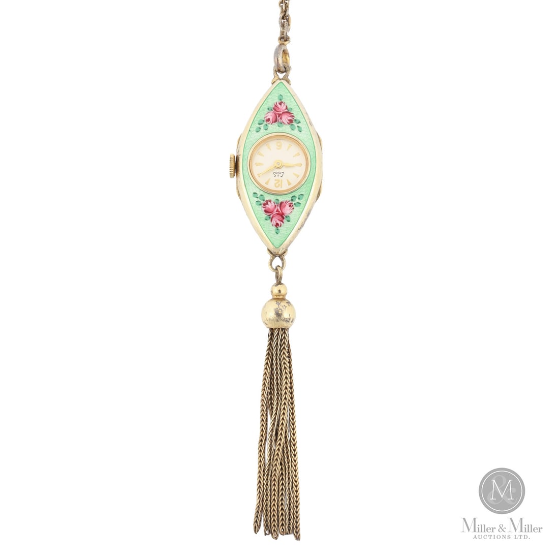 Lotos, Fine Ladies Guilloche Fob Watch: Swiss. Enamelled gold-washed sterling silver. This exquisite Lotos Swiss pendant watch is a captivating example of the Art Deco era’s penchant for wearable horological art. The timepiece is housed i