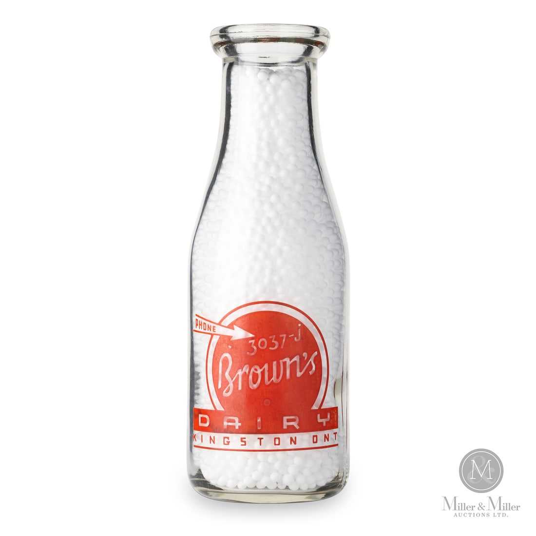 Brown's Dairy, Kingston, Pint: Size 8 1/2" x 2 3/4" (Base diameter). Medium Glass.