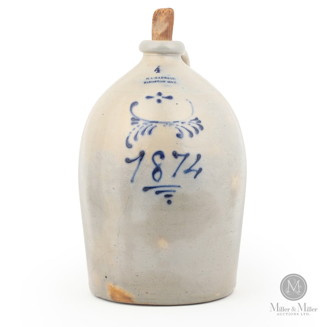 Harback, Kingston, 1874 Dated, 4 Gal Jug: Size 17" x 9 3/4" (Base diameter). Medium Stoneware.