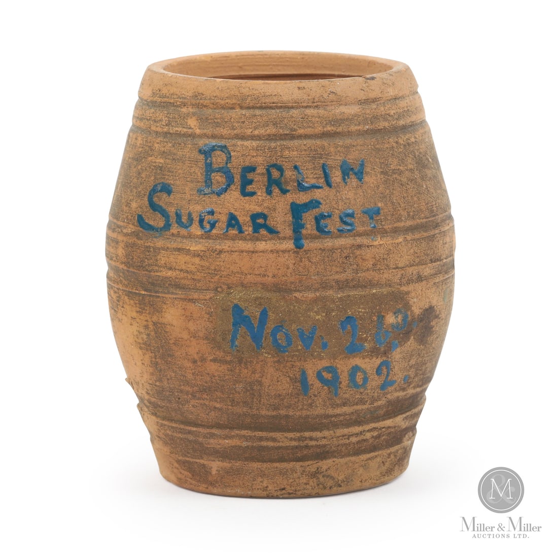 Jacobi, Waterloo, Souvenir Miniature Barrel: Size 2.75" x 1.75" (base diameter). Medium Earthenware.