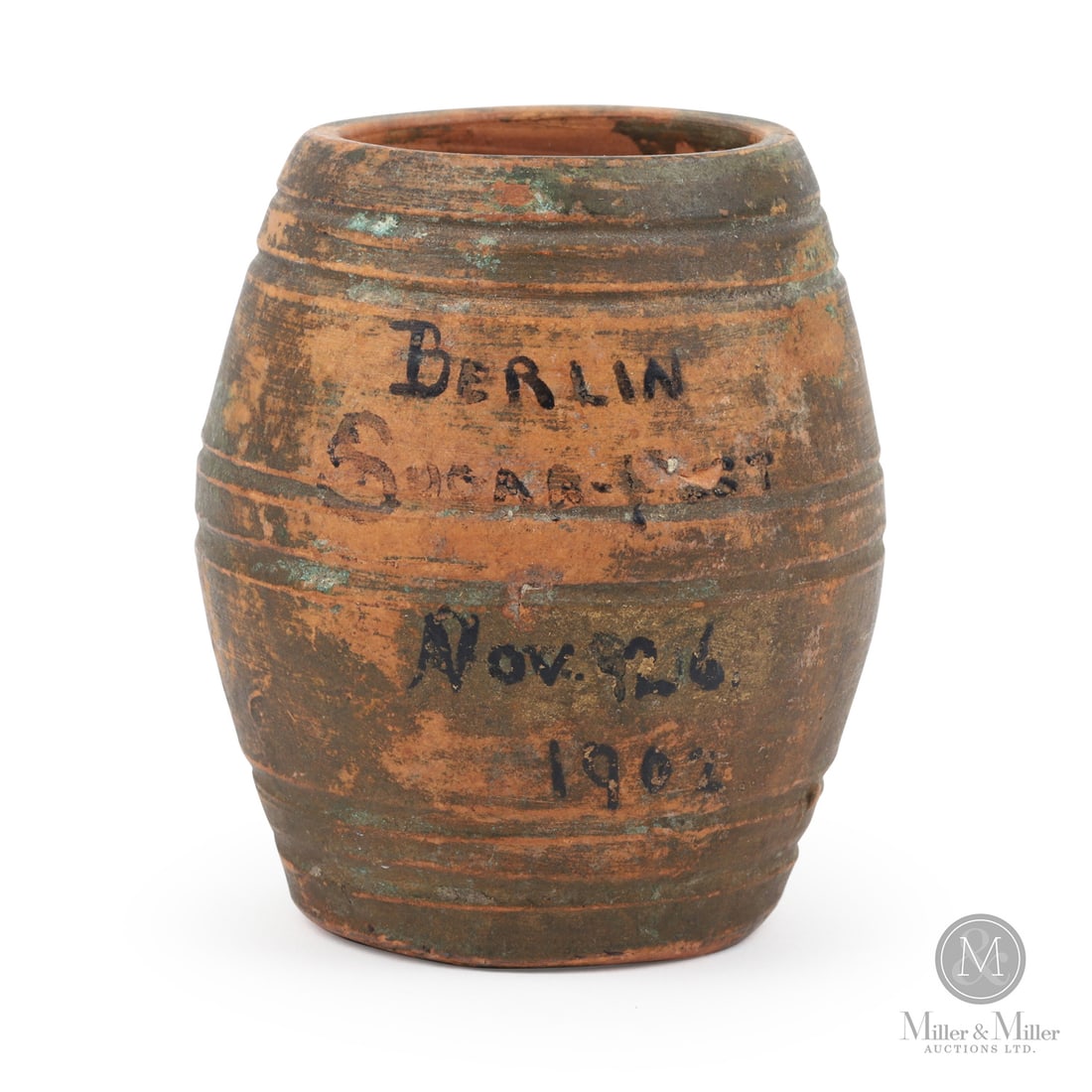 Jacobi, Waterloo, Souvenir Miniature Barrel: Size 2.75" x 1.75" (base diameter). Medium Earthenware.
