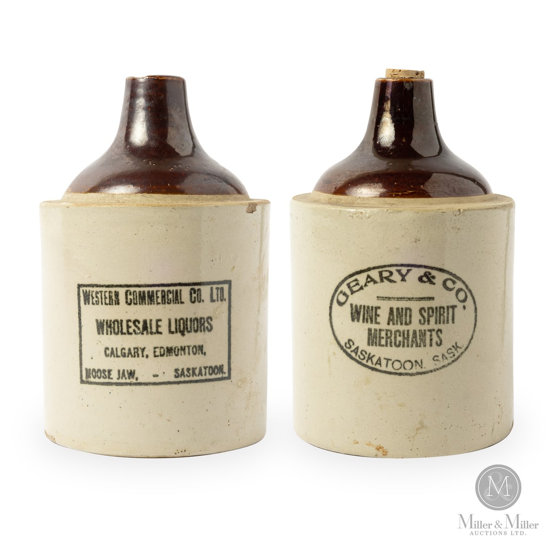 Pair of 1 Gal Western Jugs: Size Western Commercial - 9.5" x 6" dia. Geary & Co. - 9.5" x 6" dia. Medium Stoneware.