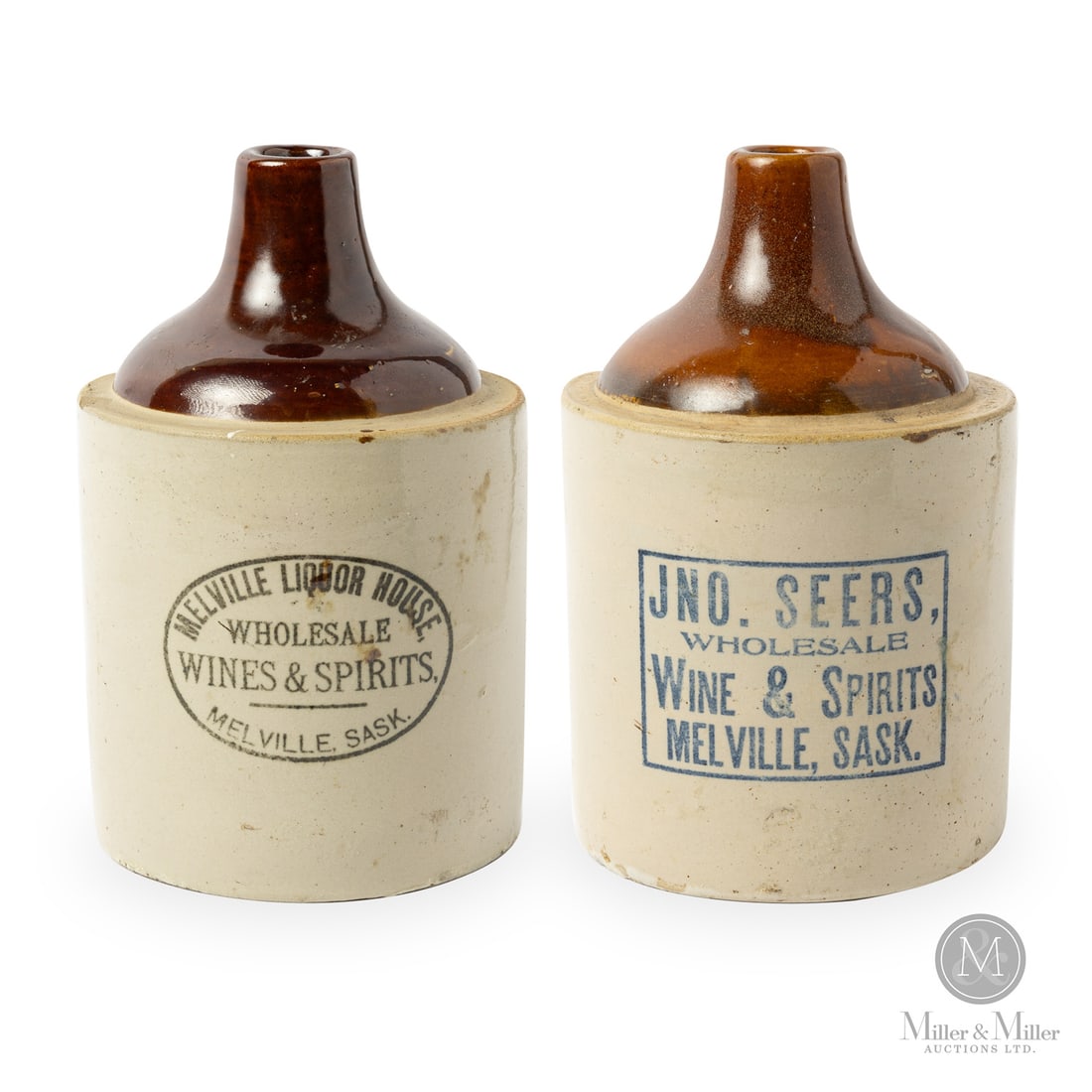 Pair of 1 Gal Melville SK Jugs: Size Both measure 9.5" x 6" dia. Medium Stoneware.