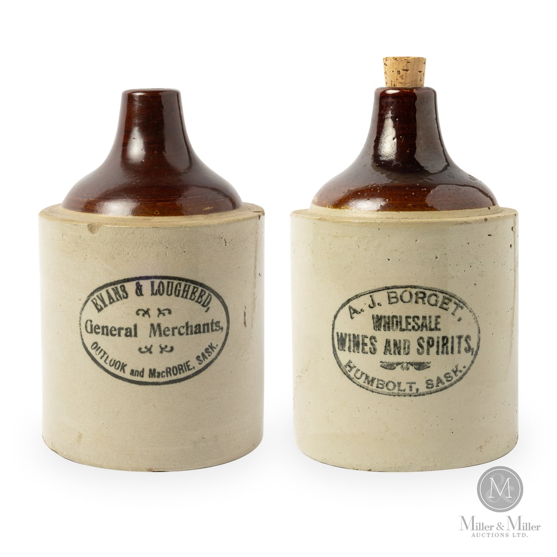 Pair of 1 Gal Saskatchewan Jugs: Size Both measure 9.5" x 6" dia. Medium Stoneware.