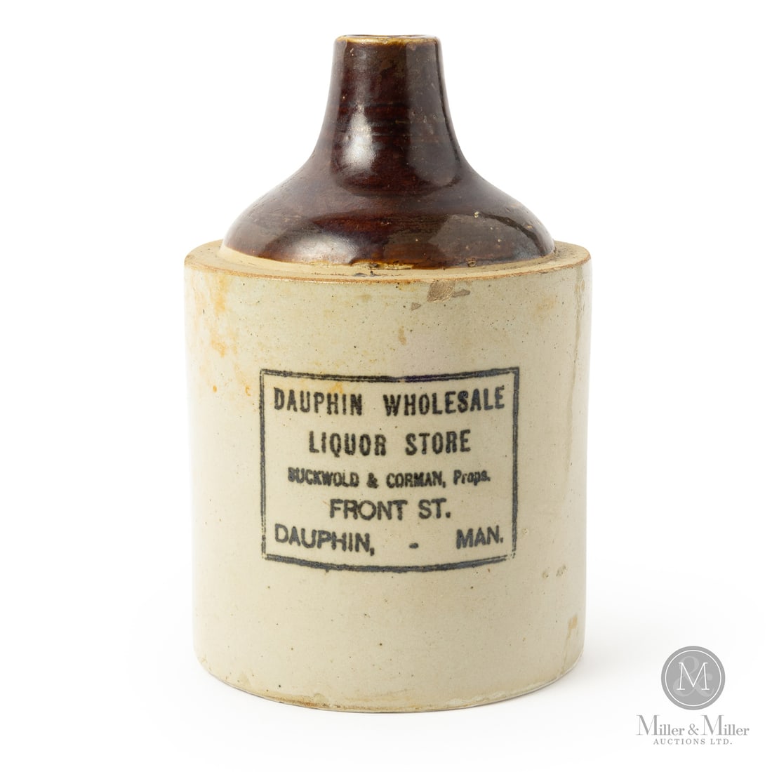 Dauphin Wholesale Liquor Store, 1 Gal Jug: Size 9.5" x 6" dia. Medium Stoneware.