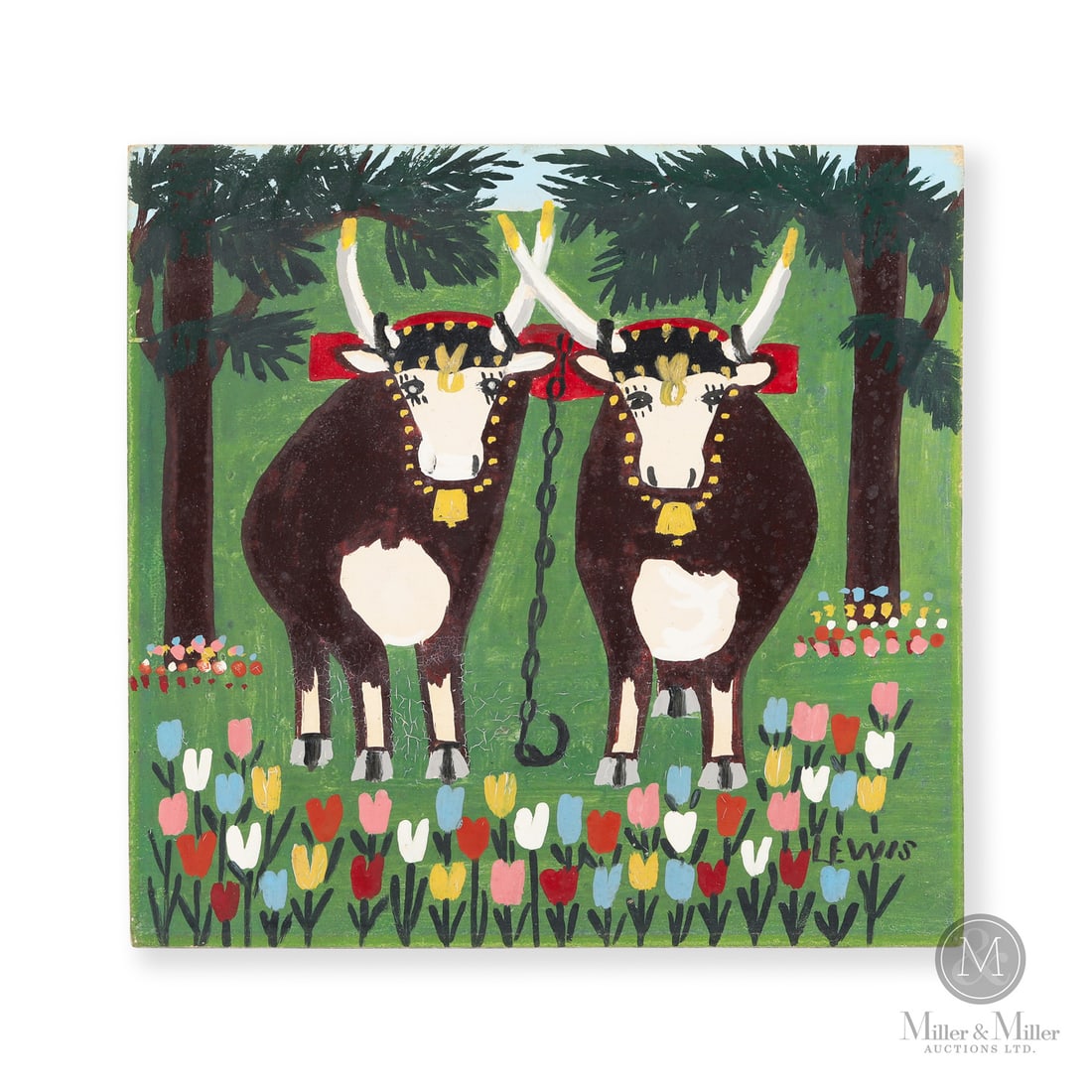 Maud Lewis Springtime Oxen: Marshalltown, Nova Scotia. Mid 1950s. Oil on beaverboard. This early Springtime Oxen by Maud Lewis represents one of the artist’s most iconic and enduring serial images, a composition she would
