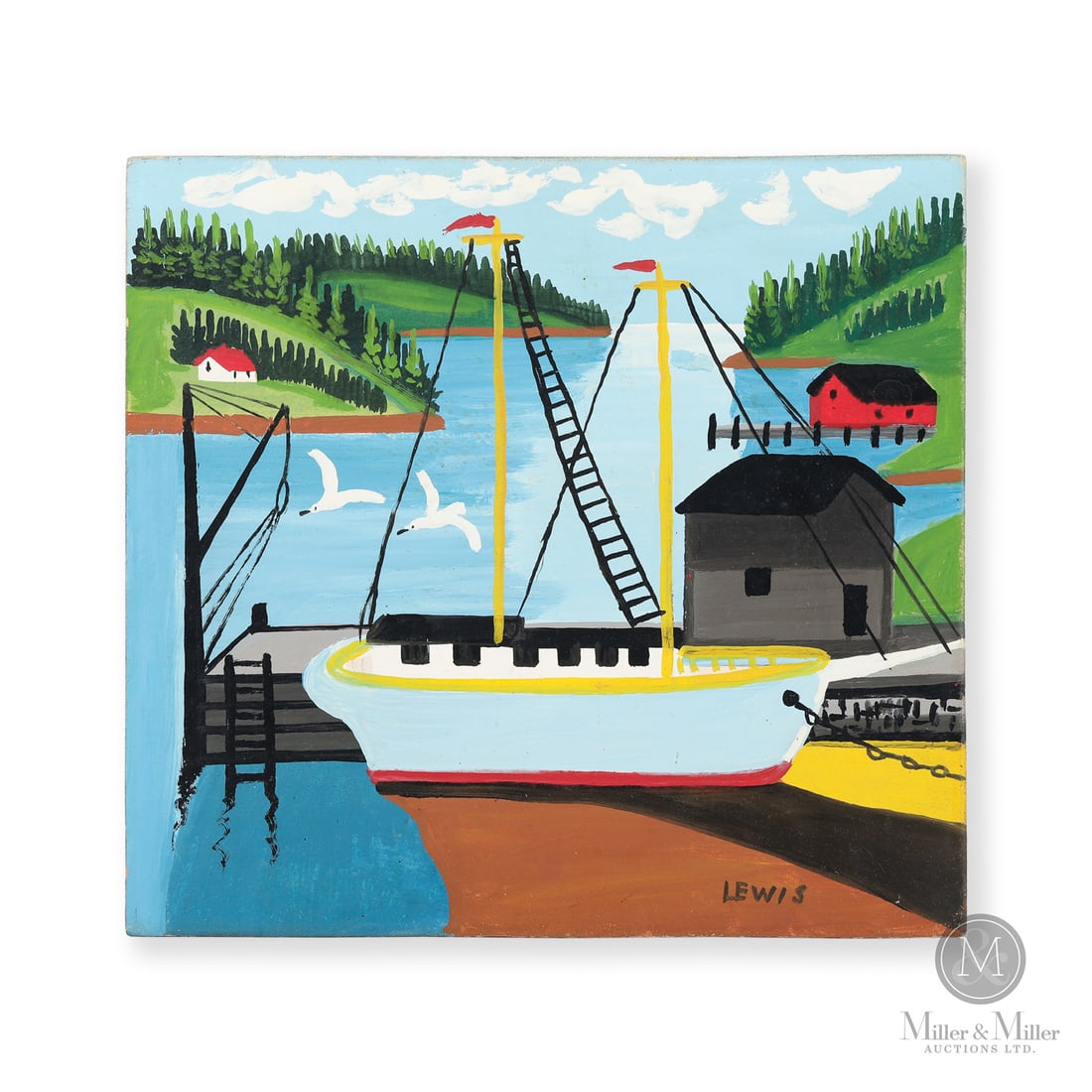 Maud Lewis Schooner in Sandy Cove: Marshalltown, Nova Scotia. C. 1965. Oil on beaverboard. This engaging harbour scene by Maud Lewis combines two of the artist’s most beloved recurring themes: harbour scenes and the rolling green