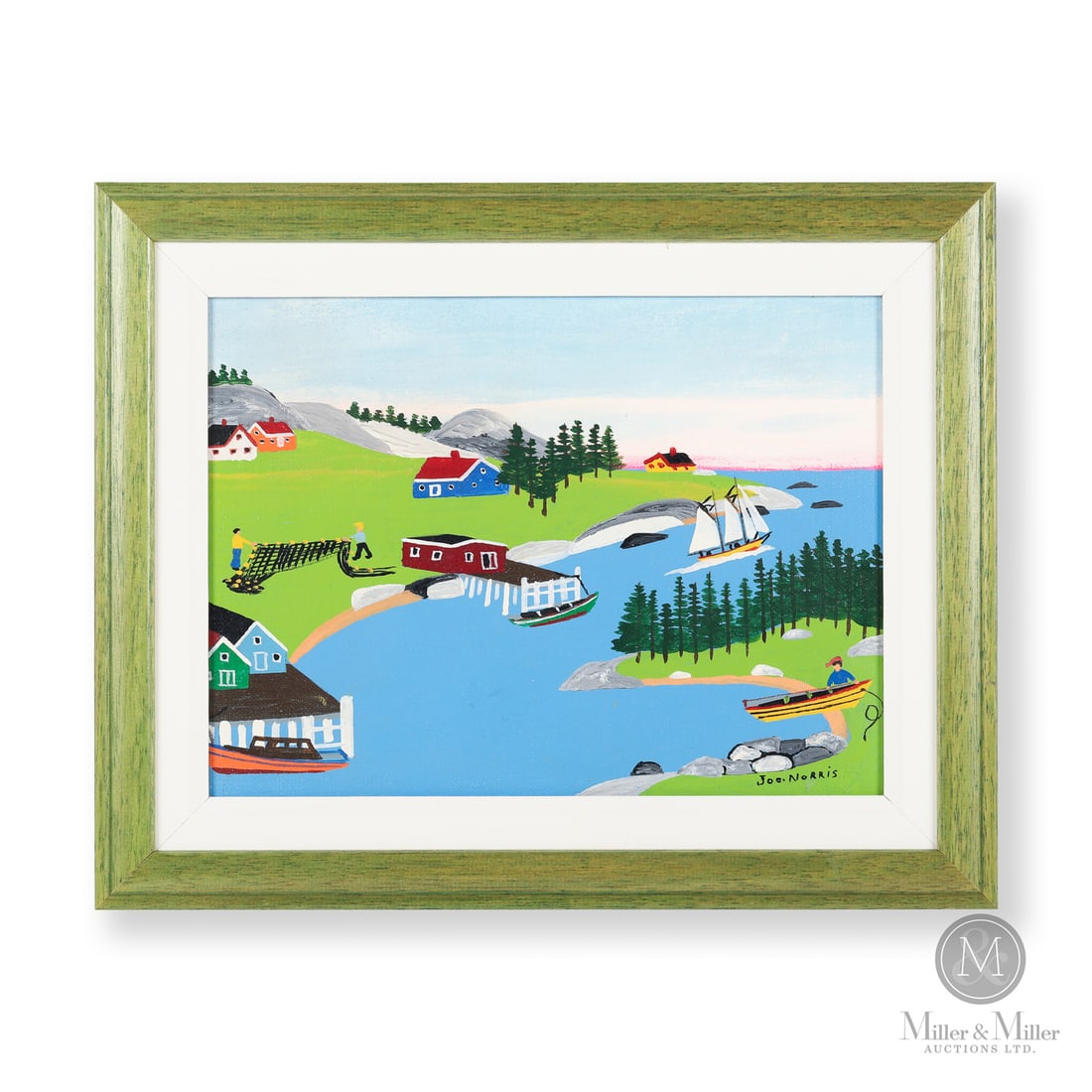 Joe Norris Fishing Harbour: Lower Prospect, Nova Scotia. C. 1970. Enamel on artist board. Joe Norris worked long hours to develop the painting style that would put him at or near the top of popular Canadian folk artists. This