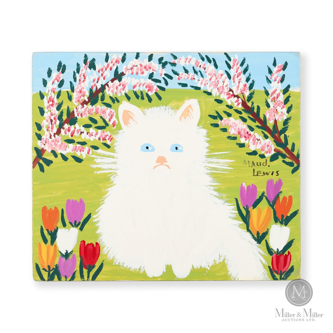 Maud Lewis White Cat: Marshalltown, Nova Scotia. 1965-1967. Oil on beaverboard. Maud Lewis frequently included cats in her paintings. White Cat is a serial image found only in the 1960s. This image is unusual and