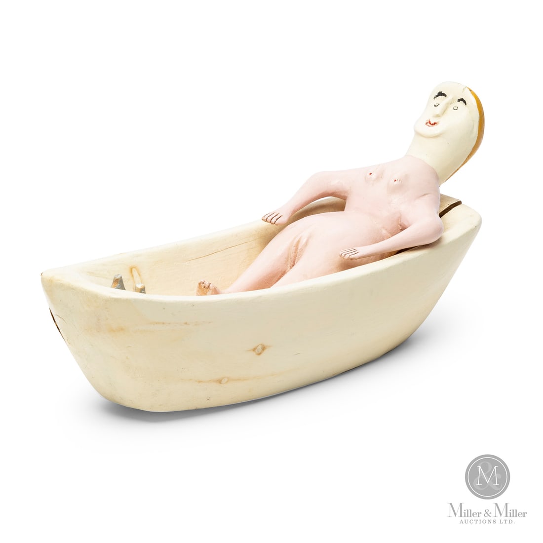 Charlie Tanner Woman in Bathtub: Eagle Head, Nova Scotia. C. 1975. Painted wood. While the vast majority of Charlie Tanner's carved wooden figures are standing, in this work he places the carved woman lying down in a bathtub. Is the 