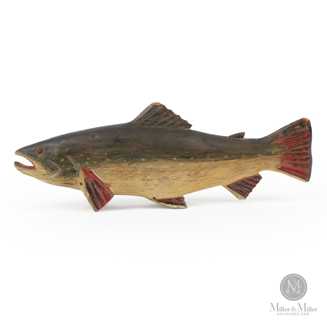 Yvon Coté Fish: Grande-Vallée, Québec. C. 1980. Painted wood. The present example is a particularly strong and sculptural rendering, carved with an elegant elongated form and animated by its open mouth and sharply 