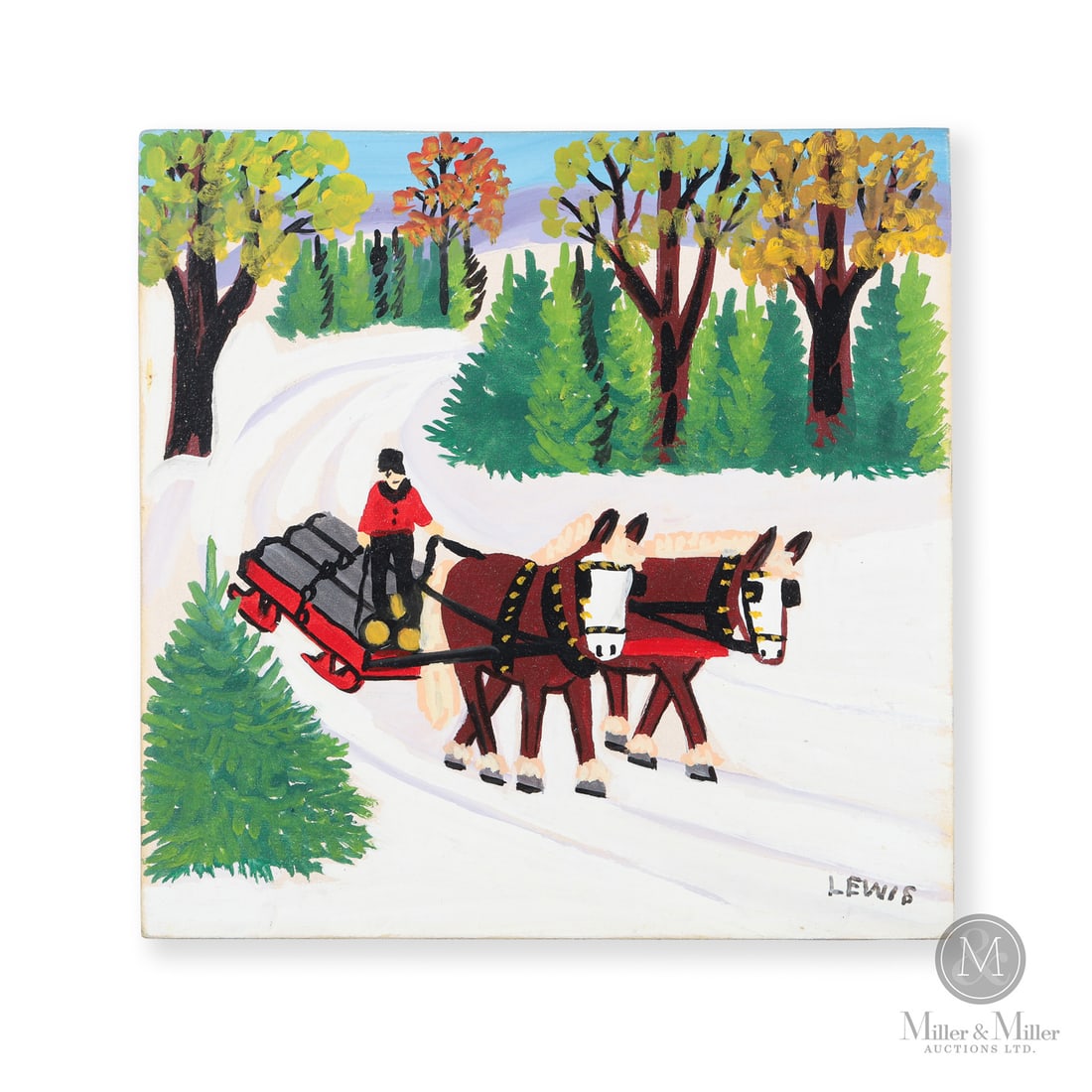 Maud Lewis Horses Pulling Logs: Marshalltown, Nova Scotia. Mid-1960s. Oil on beaverboard. Horses Pulling Logs is a serial image with variations that span three decades. This example is similar to one seen in Woolaver and Brooks' "Th