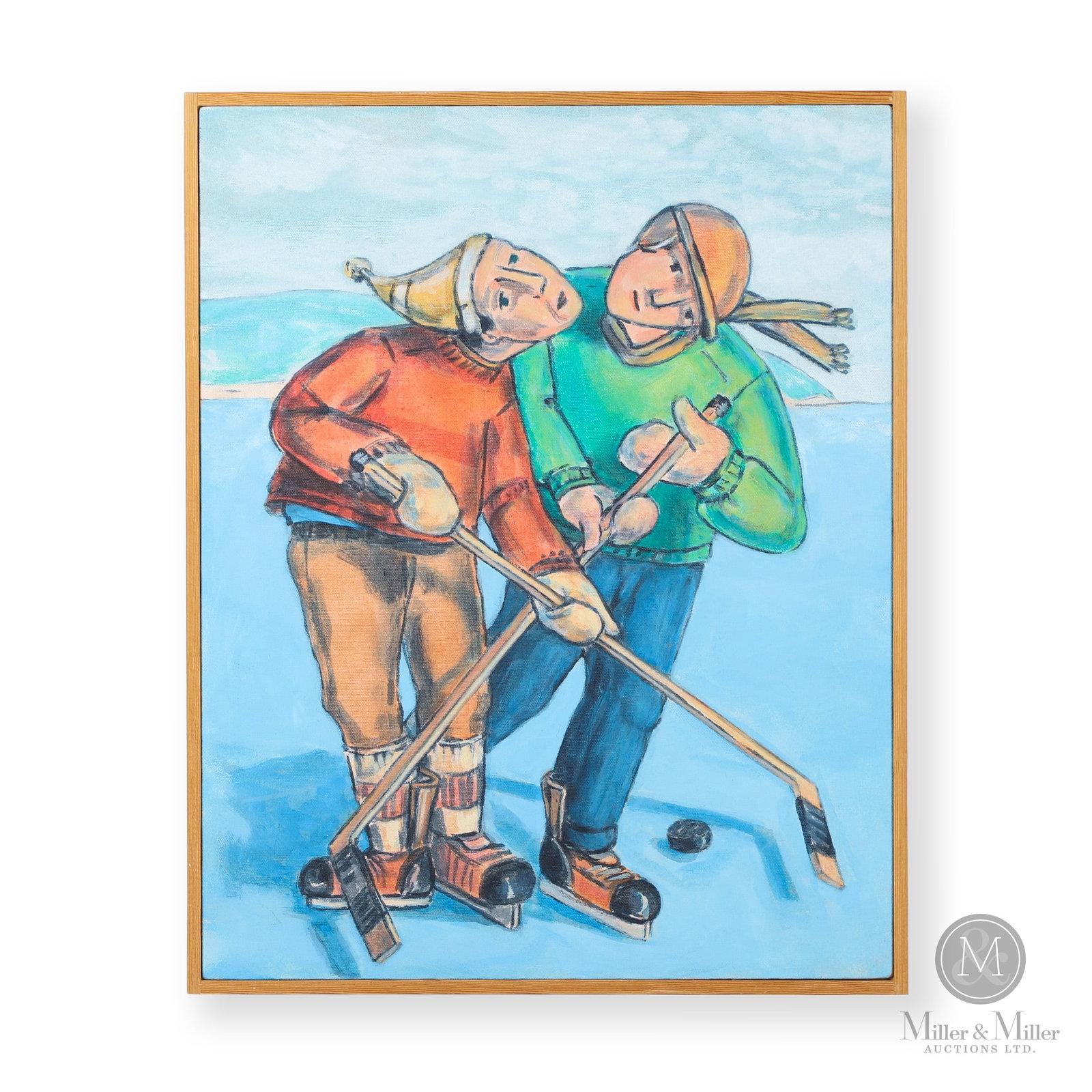 Conrad Furey "Skaters": Baie Verte, Newfoundland / Labrador. C. 1980. Oil on canvas. Executed in Furey’s characteristic folk-modernist style, the composition centres on two hockey players locked together in motion, their c